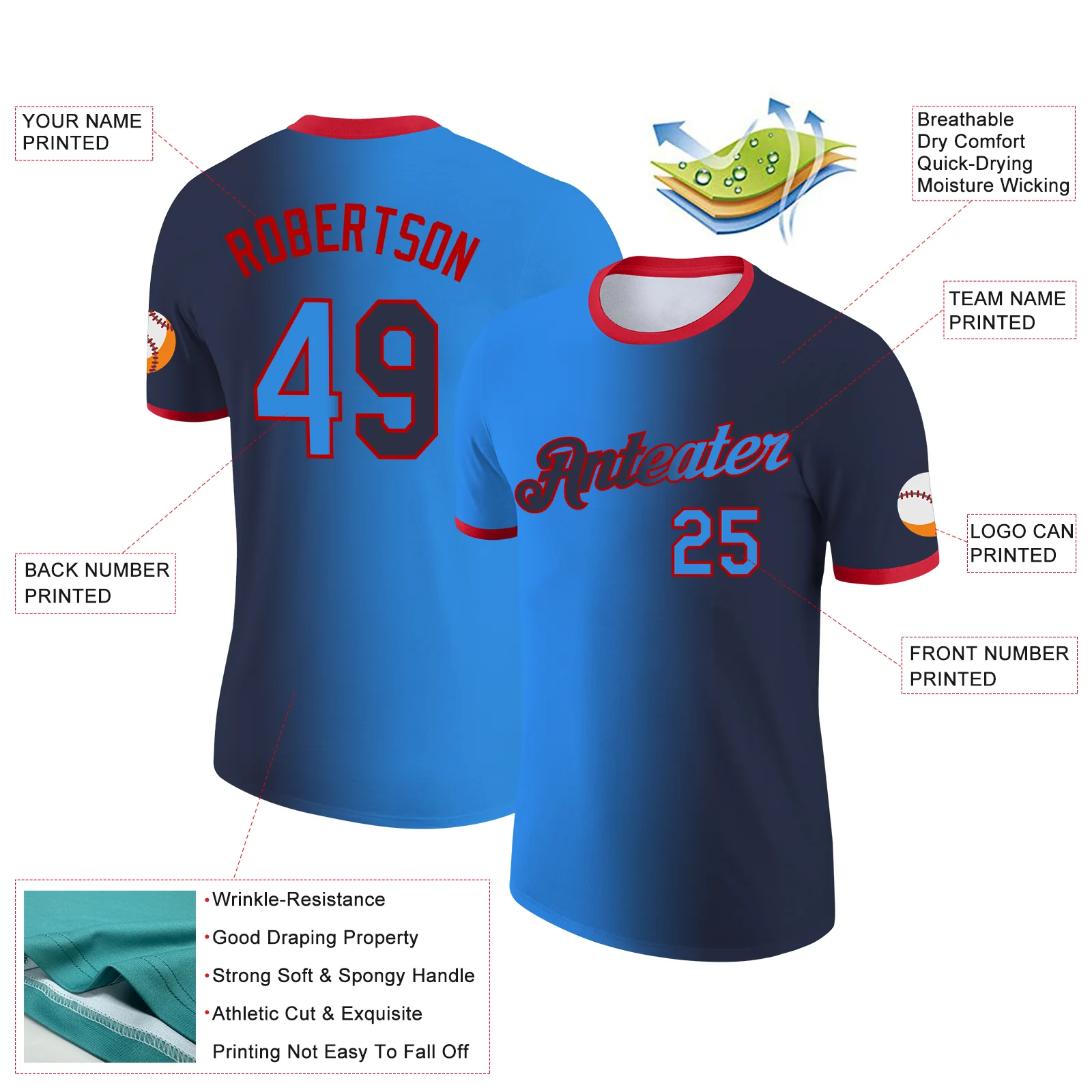 Custom Navy Powder Blue-Red Gradient Fashion Performance T-Shirt - Image 2