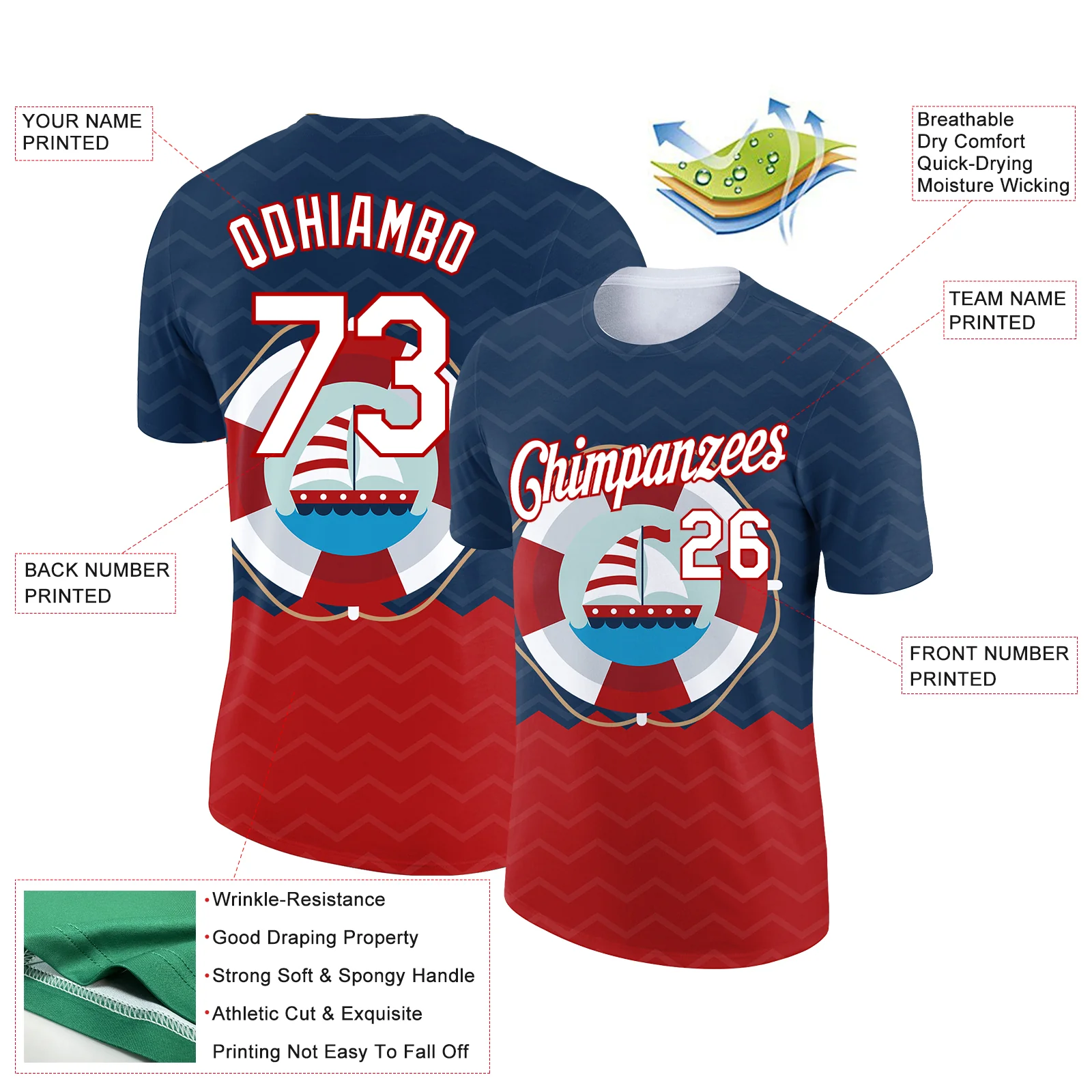 Custom Navy White-Red 3D Pattern Design Sailing Ship Columbus Day Performance T-Shirt - Image 2