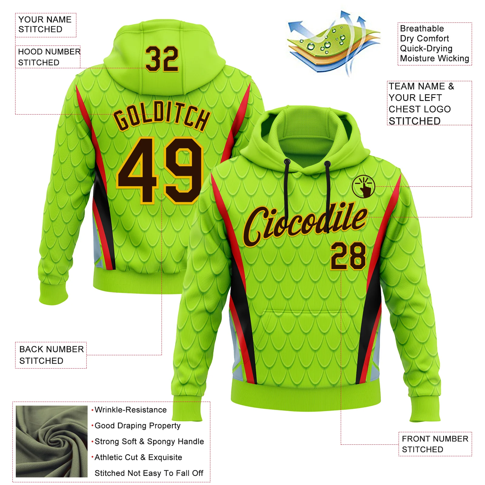Custom Stitched Neon Green Brown Red Black-Yellow 3D Pattern Design Snake Skin Print Sportswear Pullover Sweatshirt Hoodie - Image 2