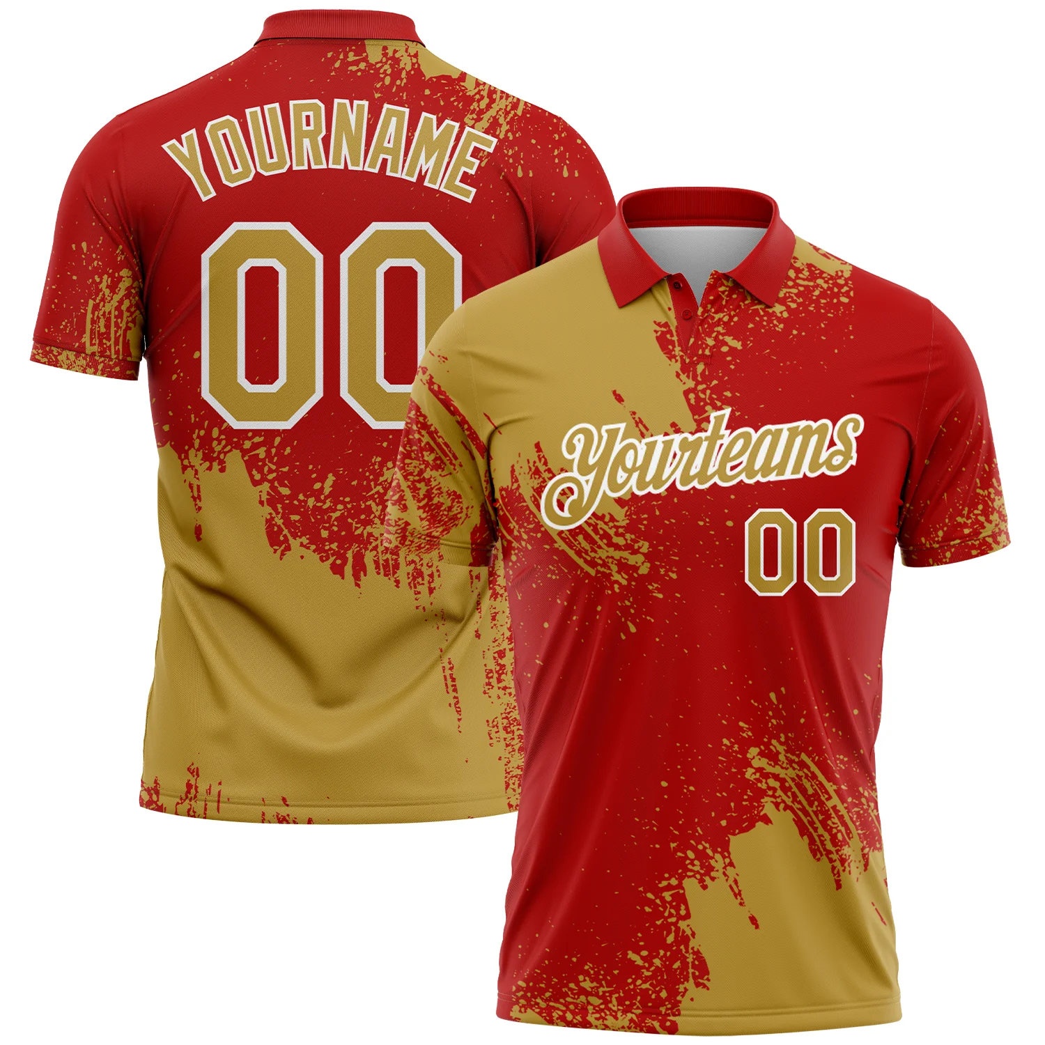 Custom Old Gold Red-White 3D Pattern Design Abstract Brush Stroke Performance Polo Shirt