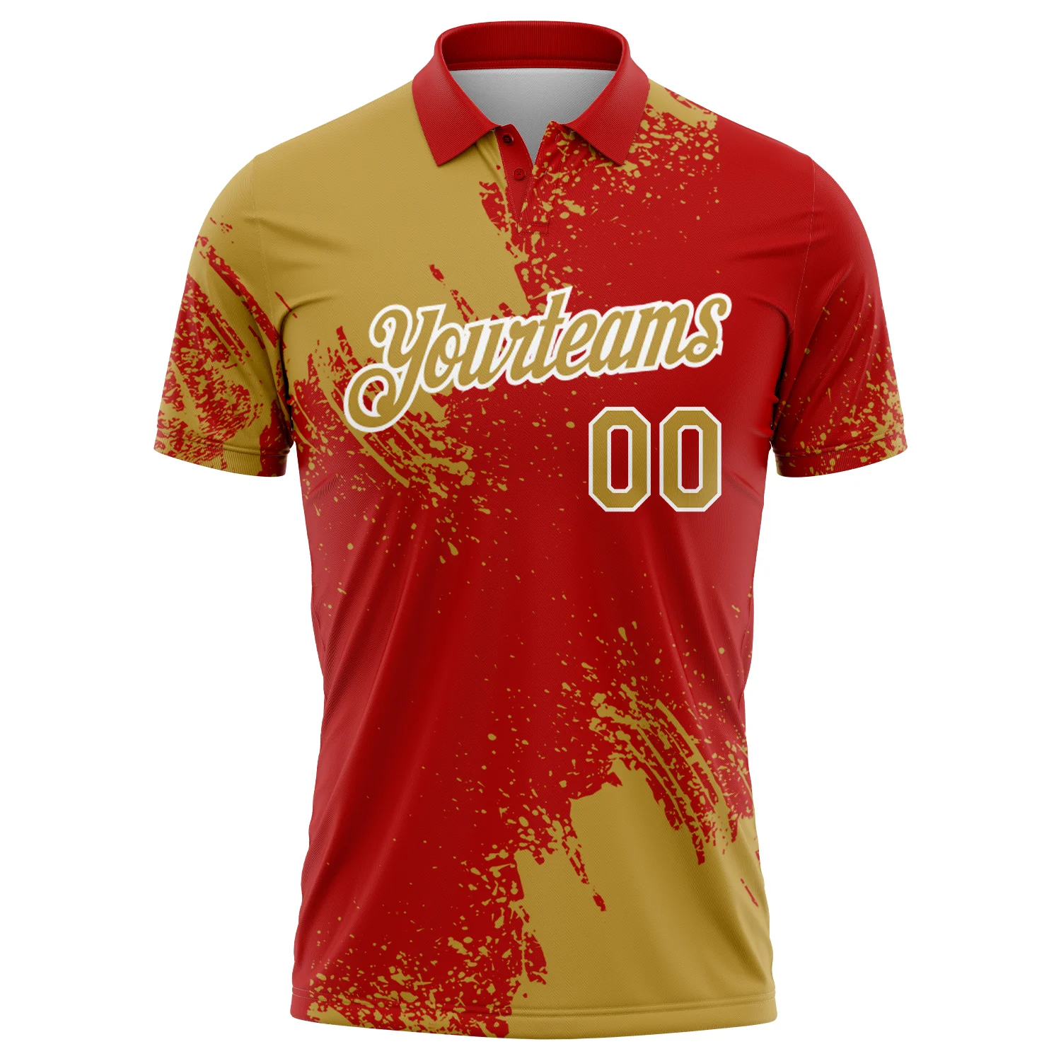 Custom Old Gold Red-White 3D Pattern Design Abstract Brush Stroke Performance Polo Shirt - Image 2