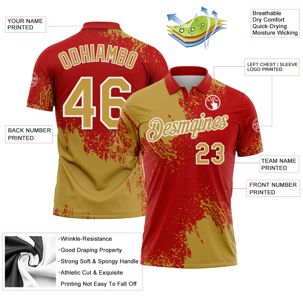 Custom Old Gold Red-White 3D Pattern Design Abstract Brush Stroke Performance Polo Shirt - Image 3