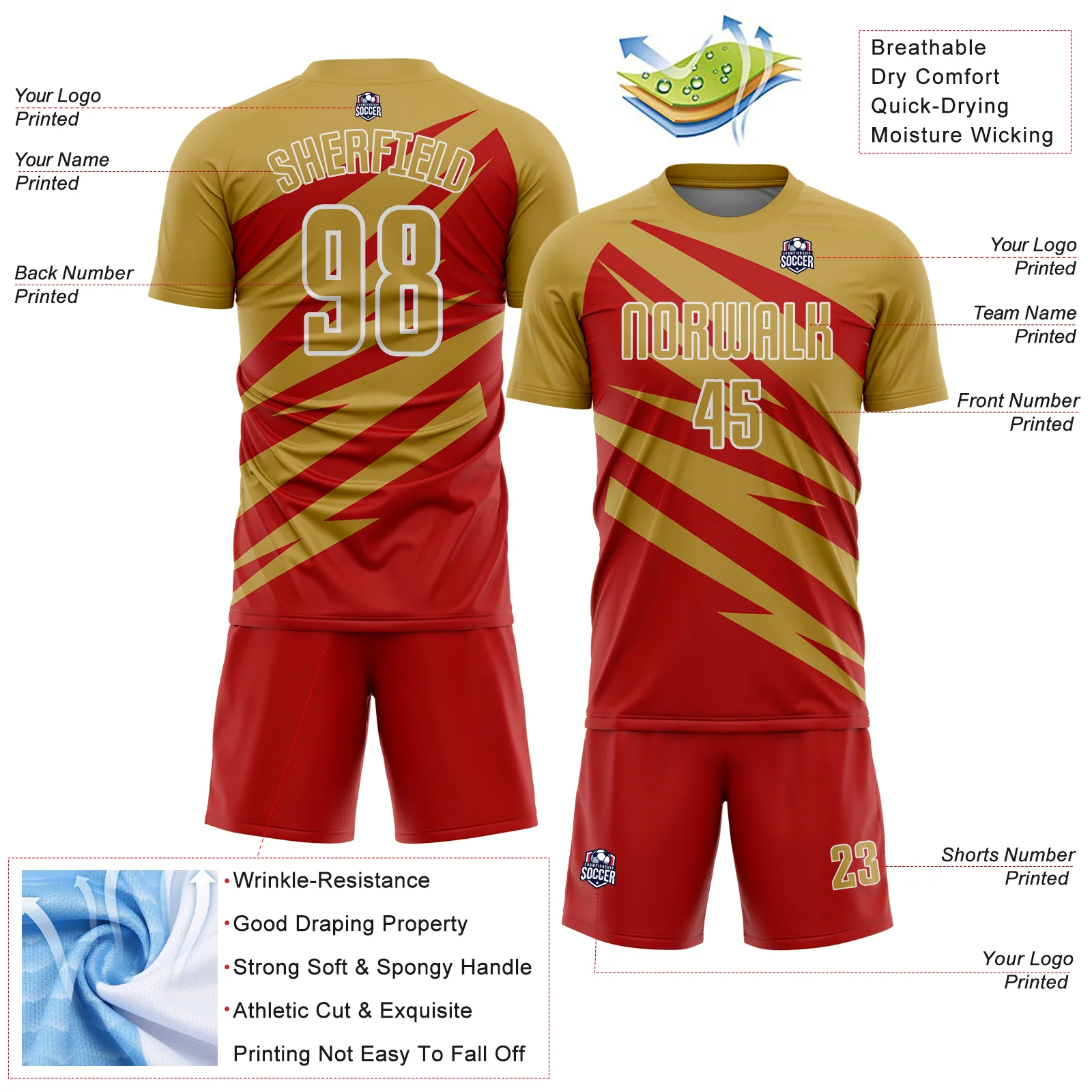 Custom Old Gold Red-White Abstract Line Sports Sublimation Soccer Uniform Jersey - Image 4