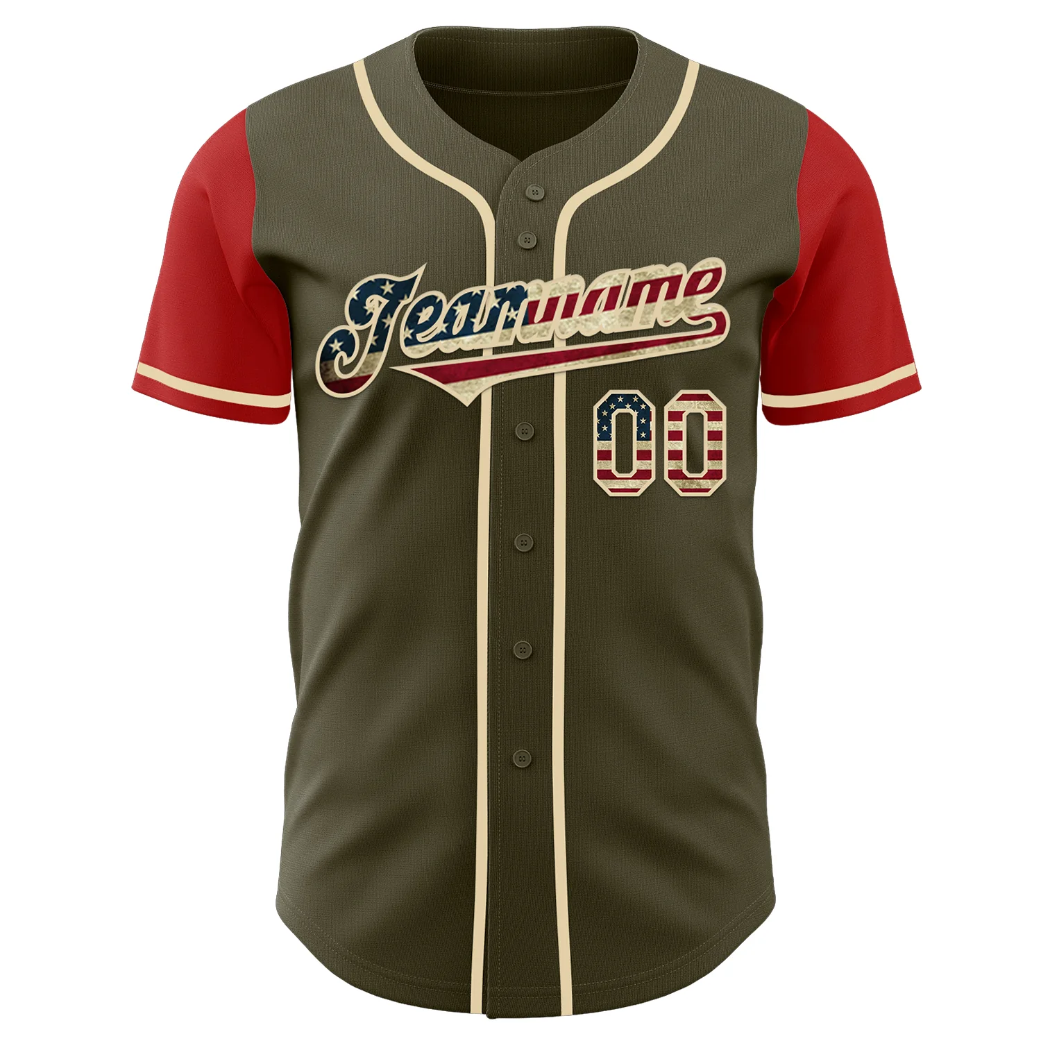 Custom Olive Vintage USA Flag Red-Cream Authentic Two Tone Salute To Service Baseball Jersey - Image 2