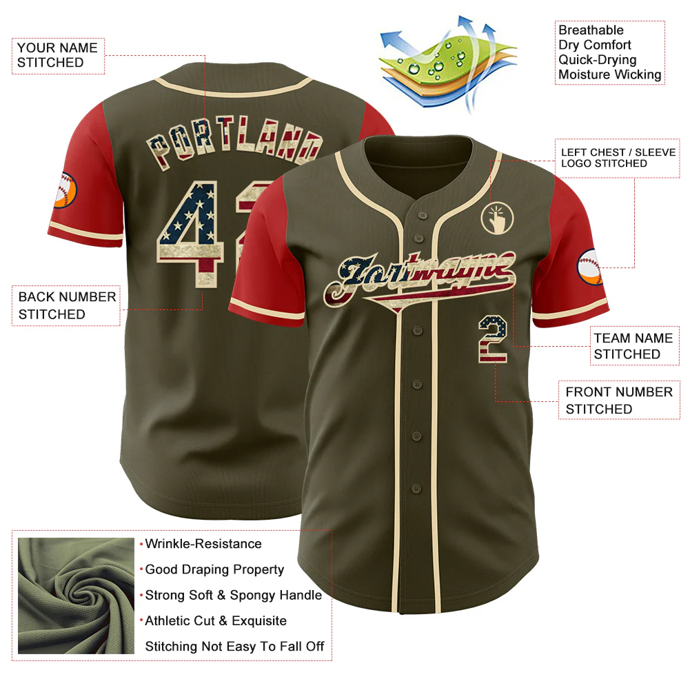 Custom Olive Vintage USA Flag Red-Cream Authentic Two Tone Salute To Service Baseball Jersey - Image 3