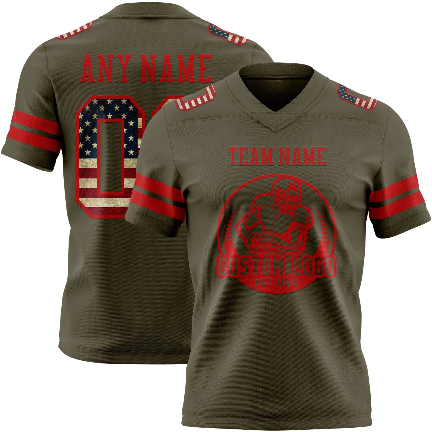 Custom Olive Vintage USA Flag-Red Authentic Salute To Service Football Jersey - Image 2