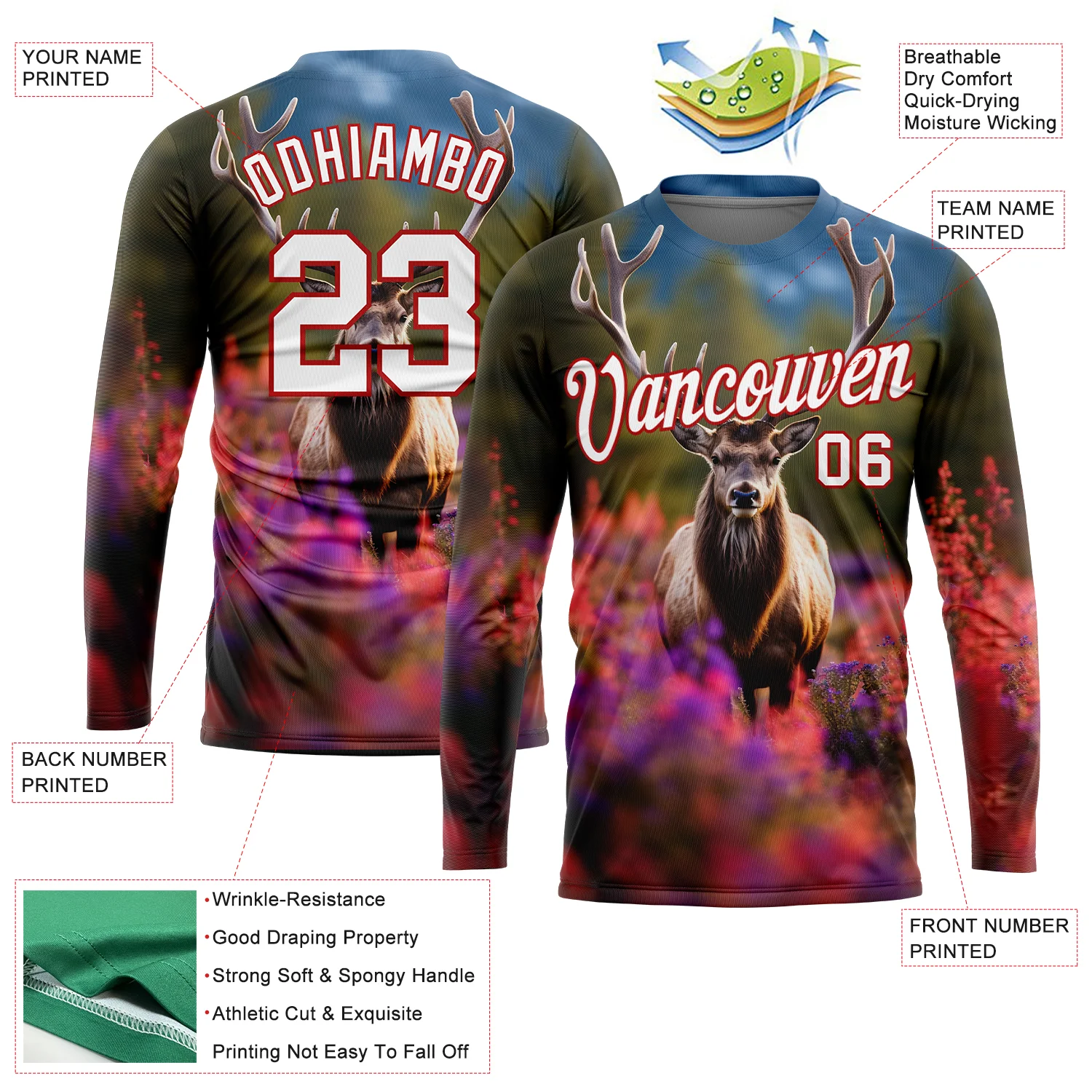 Custom Olive White-Red 3D Animal Deer Hunting Long Sleeve Performance T-Shirt - Image 2