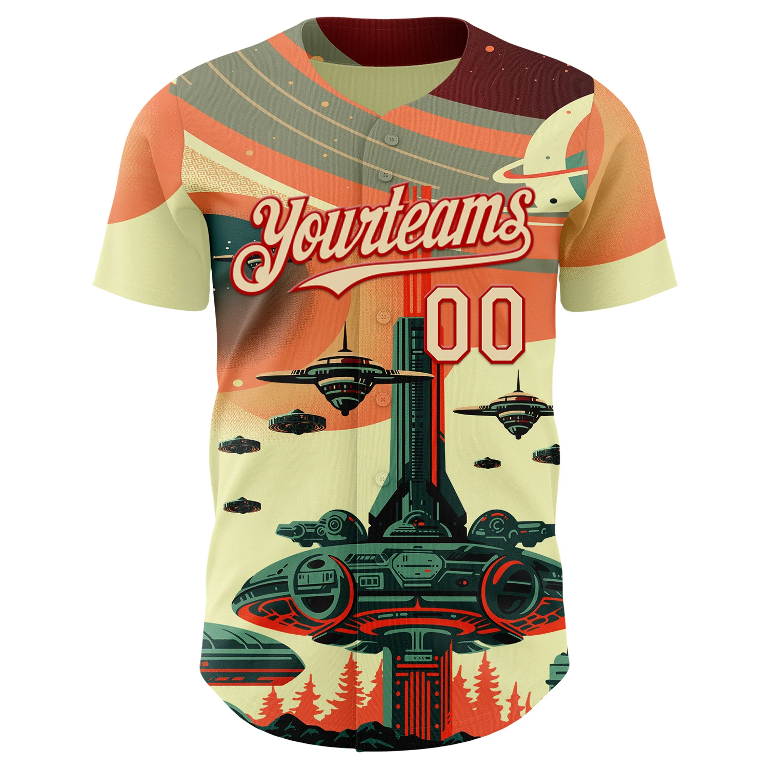 Custom Orange Cream-Red Alien Spaceship Fleet UFO Galaxy Authentic Baseball Jersey - Image 2