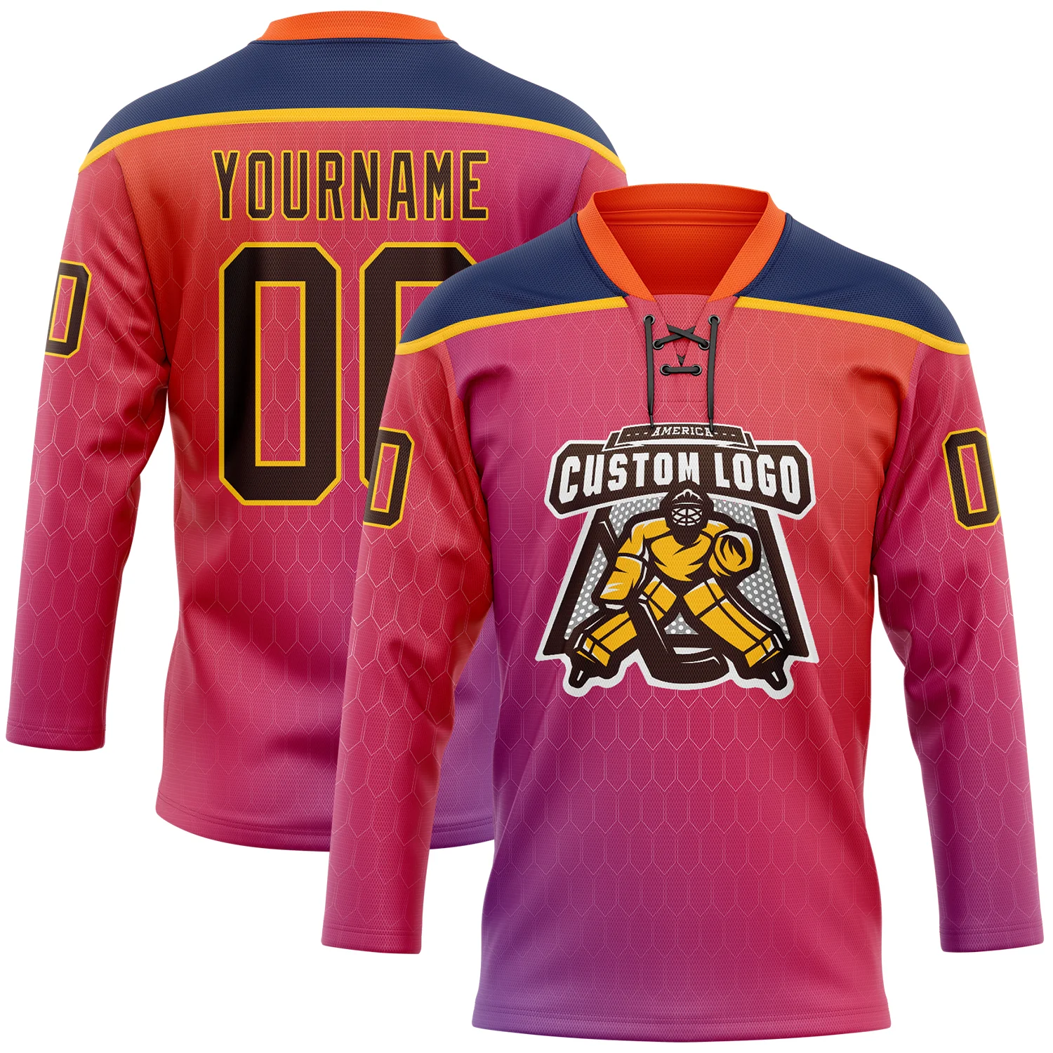 Custom Orange Brown Red Navy-Gold Abstract Gradient Halftone Pattern Hockey Lace Neck Jersey - Image 2