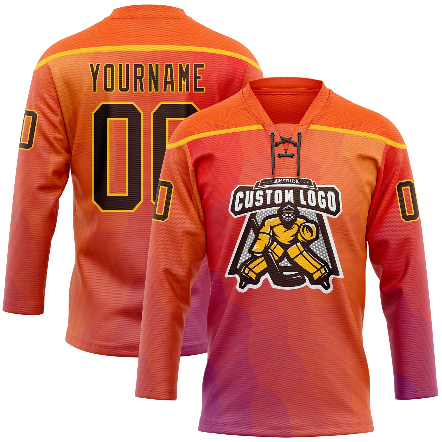 Custom Orange Brown Red Navy-Gold Abstract Gradient Halftone Pattern Hockey Lace Neck Jersey - Image 2
