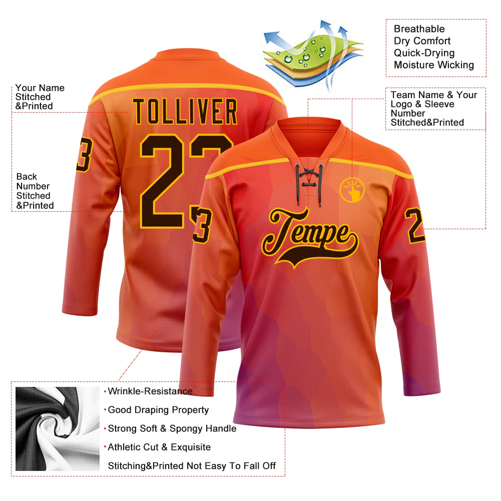 Custom Orange Brown Red Navy-Gold Abstract Gradient Halftone Pattern Hockey Lace Neck Jersey - Image 5
