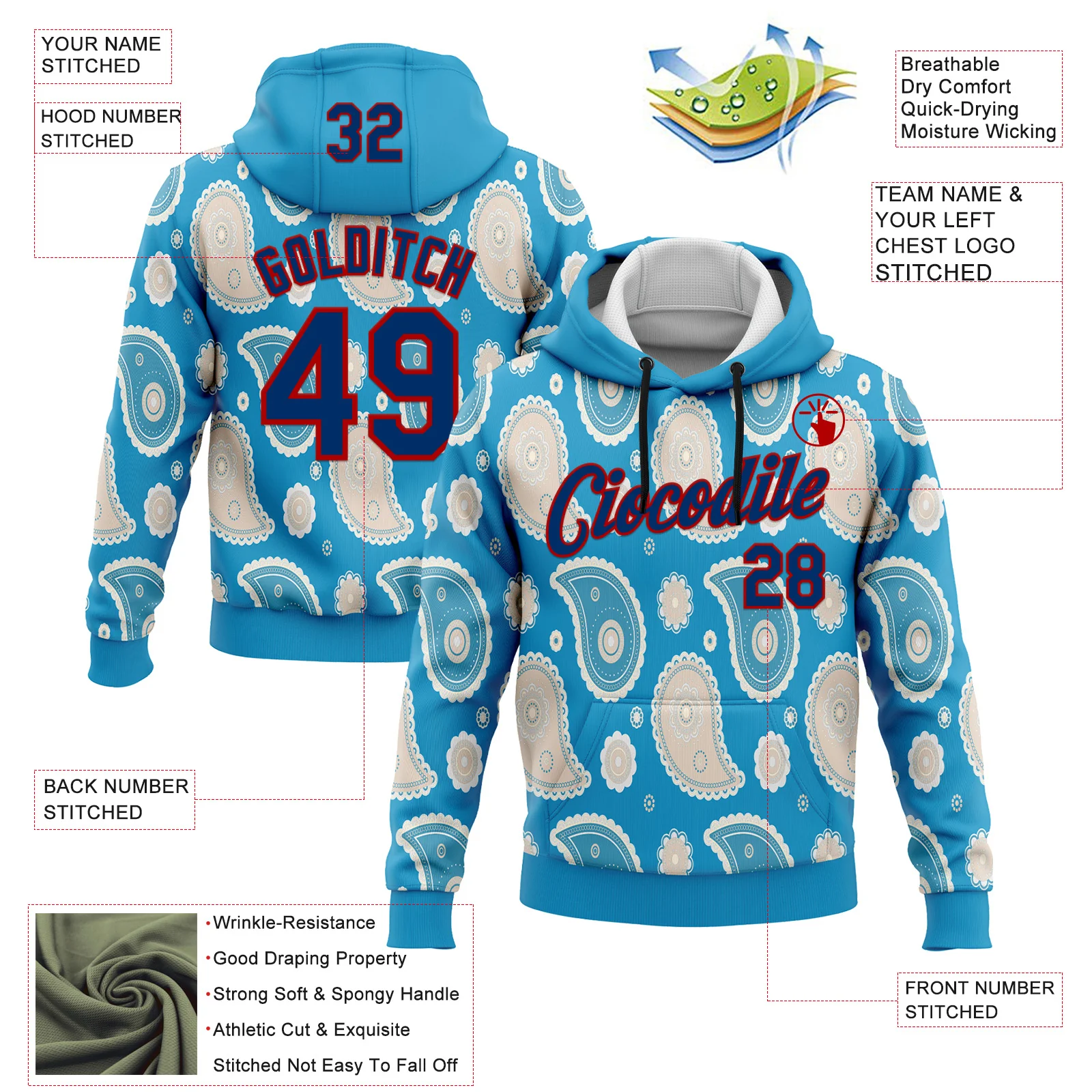 Custom Stitched Panther Blue US Navy Blue-Red 3D Pattern Design Ethnic Paisley Floral Bandana Sports Pullover Sweatshirt Hoodie - Image 2
