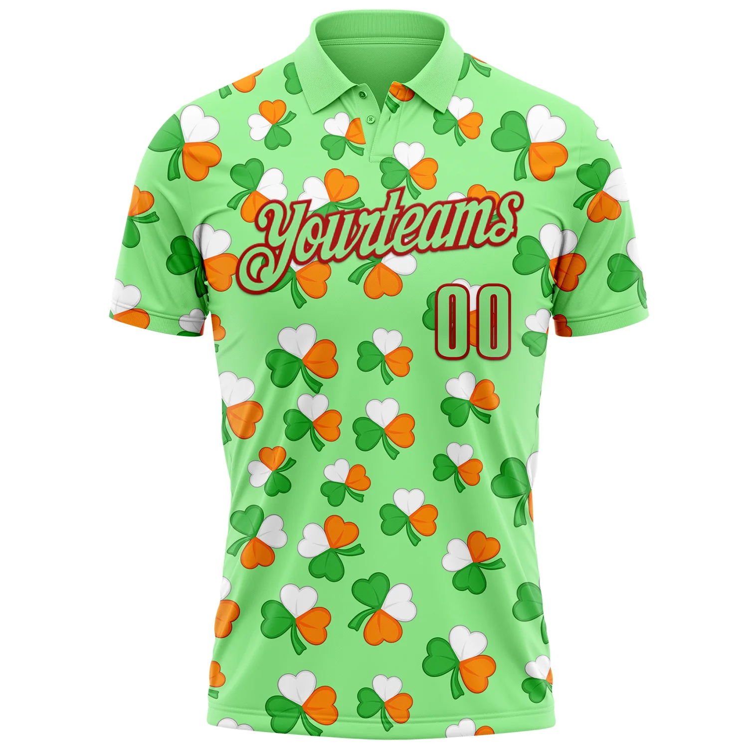 Custom Pea Green Red 3D St. Patrick's Day Shamrock Performance Polo Shirt - Image 2