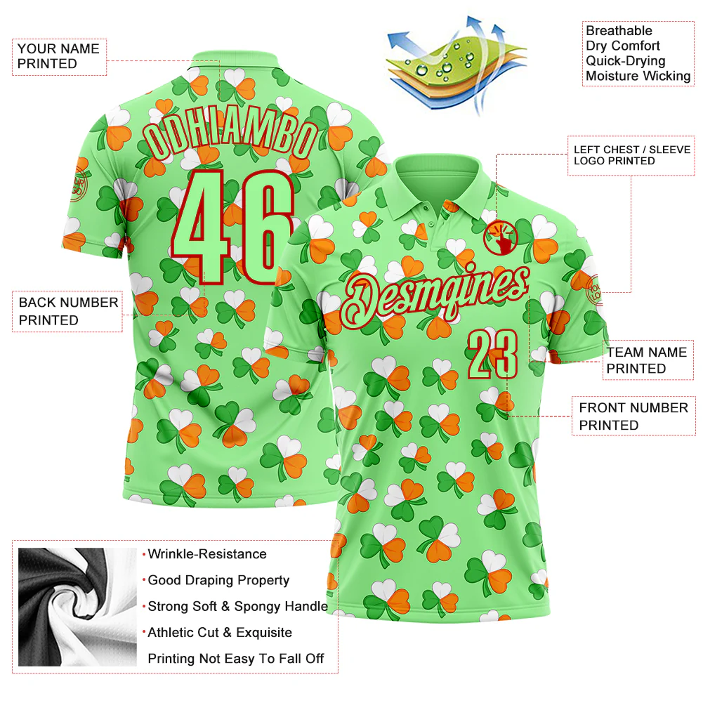 Custom Pea Green Red 3D St. Patrick's Day Shamrock Performance Polo Shirt - Image 3