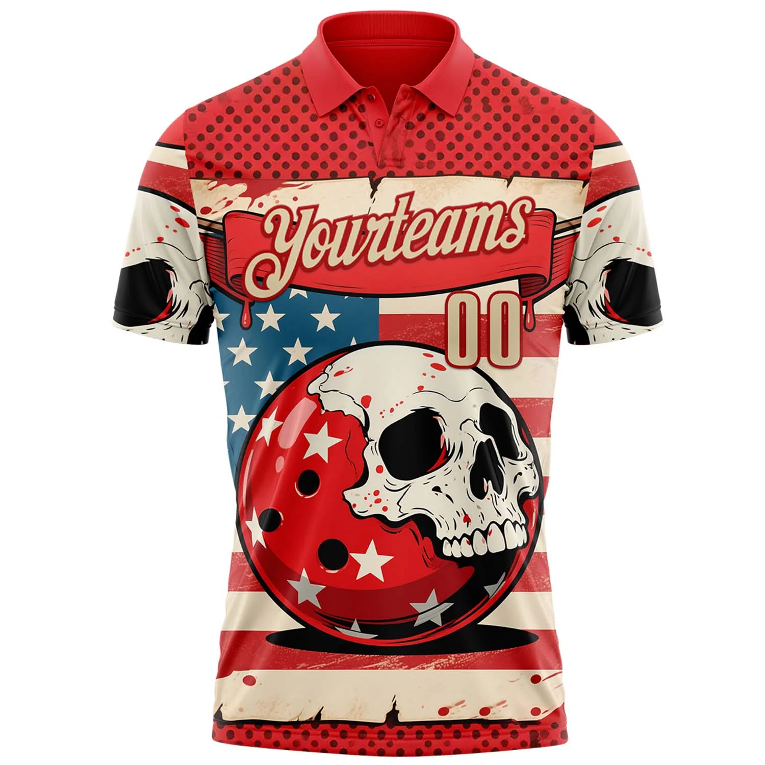 Custom Red Cream 3D Retro American Flag Skull Bowling Performance Polo Shirt - Image 2