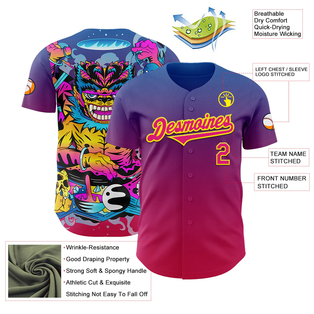 Custom Purple Hot Pink Red-Light Yellow 3D Geo Law Demon King Deities Authentic Baseball Jersey - Image 3