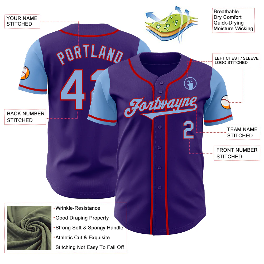 Custom Purple Light Blue-Red Authentic Two Tone Baseball Jersey - Image 3