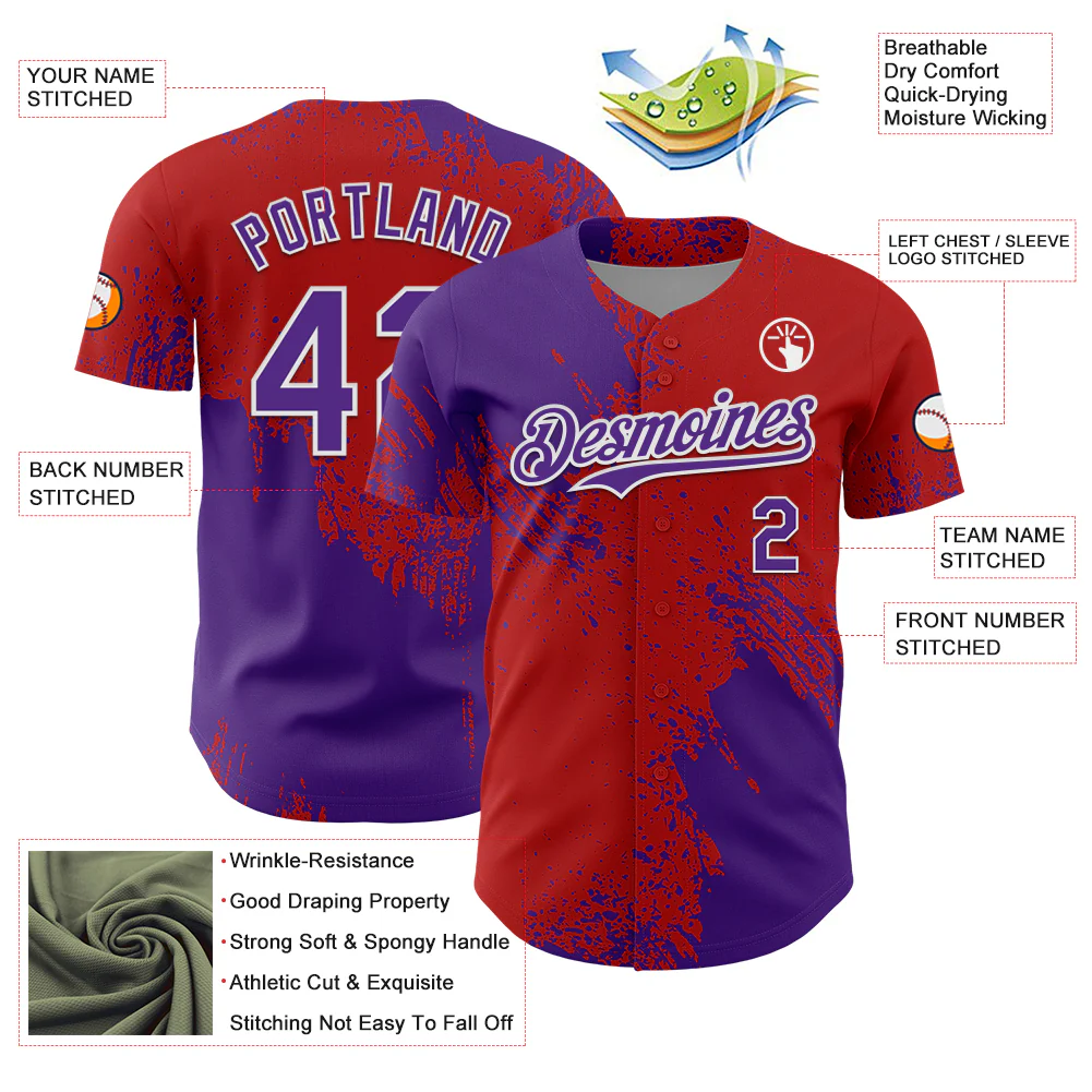 Custom Purple Red-White 3D Pattern Design Abstract Brush Stroke Authentic Baseball Jersey - Image 3
