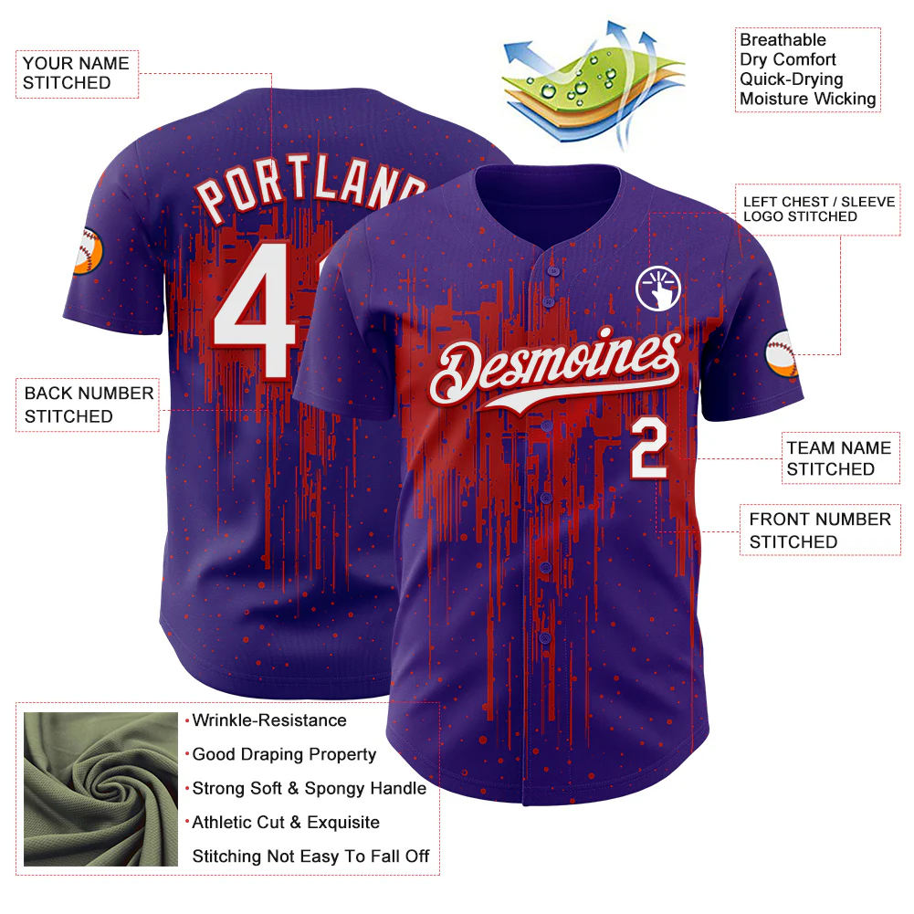 Custom Purple White-Red Dripping Splatter Paint Authentic Baseball Jersey - Image 3