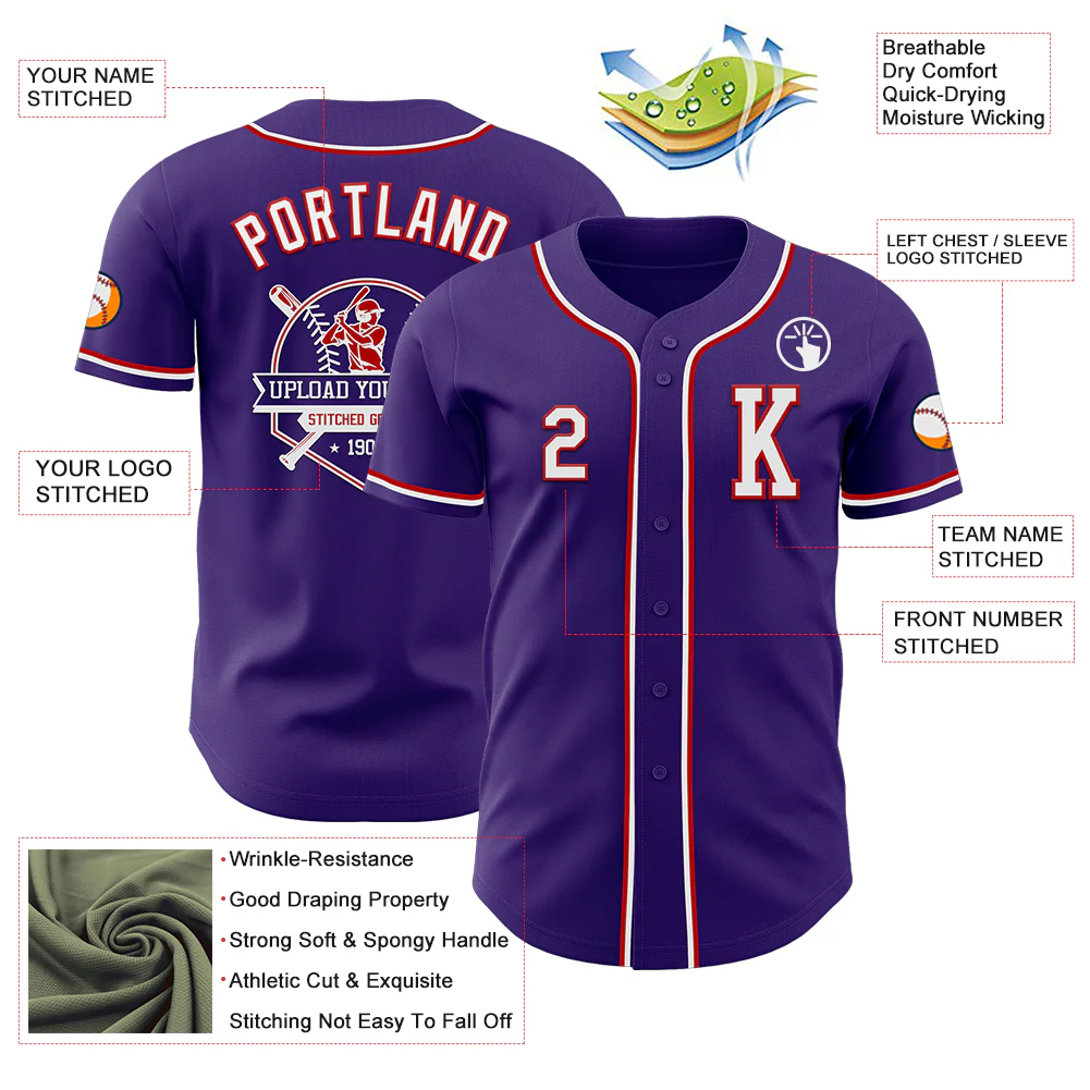 Custom Purple White-Red Authentic Baseball Jersey - Image 6