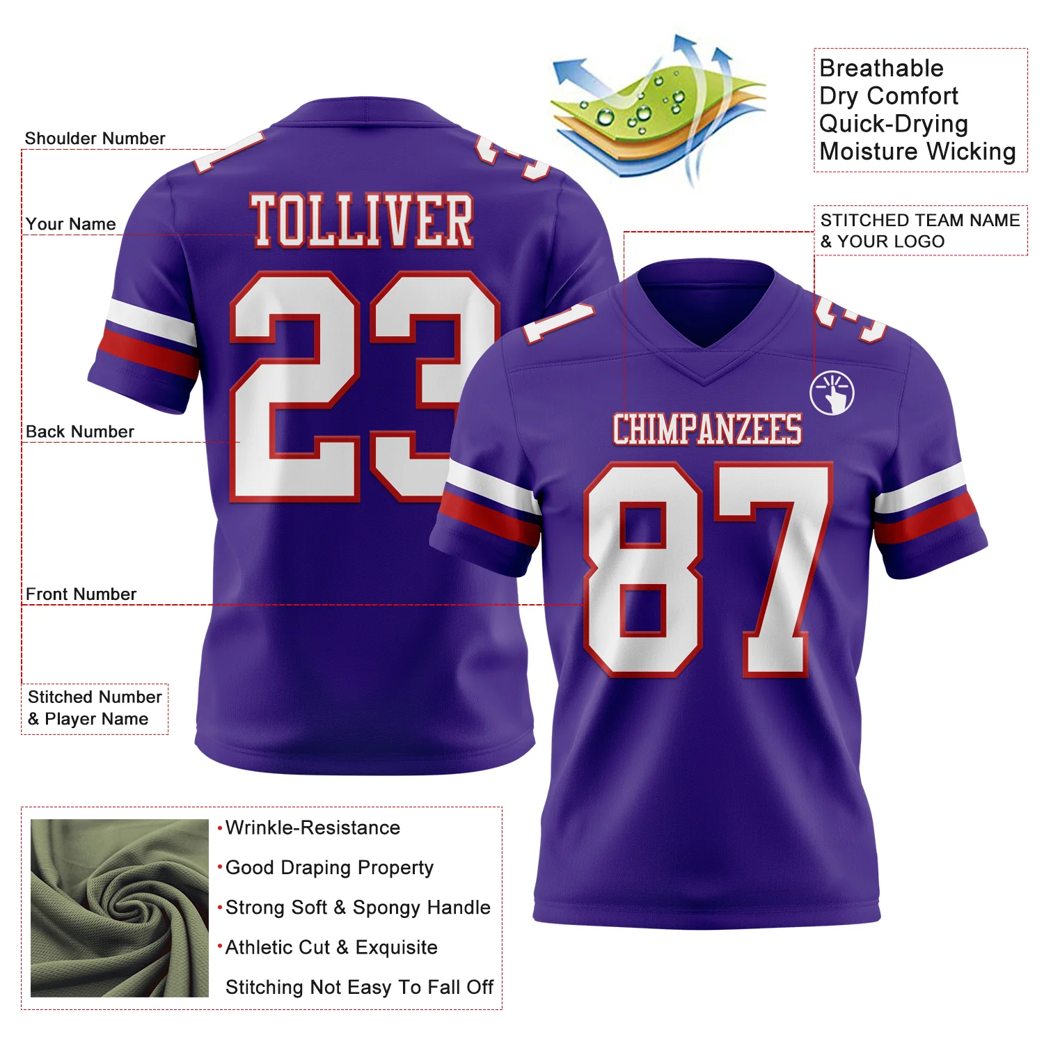 Custom Purple White-Red Authentic Football Jersey - Image 3