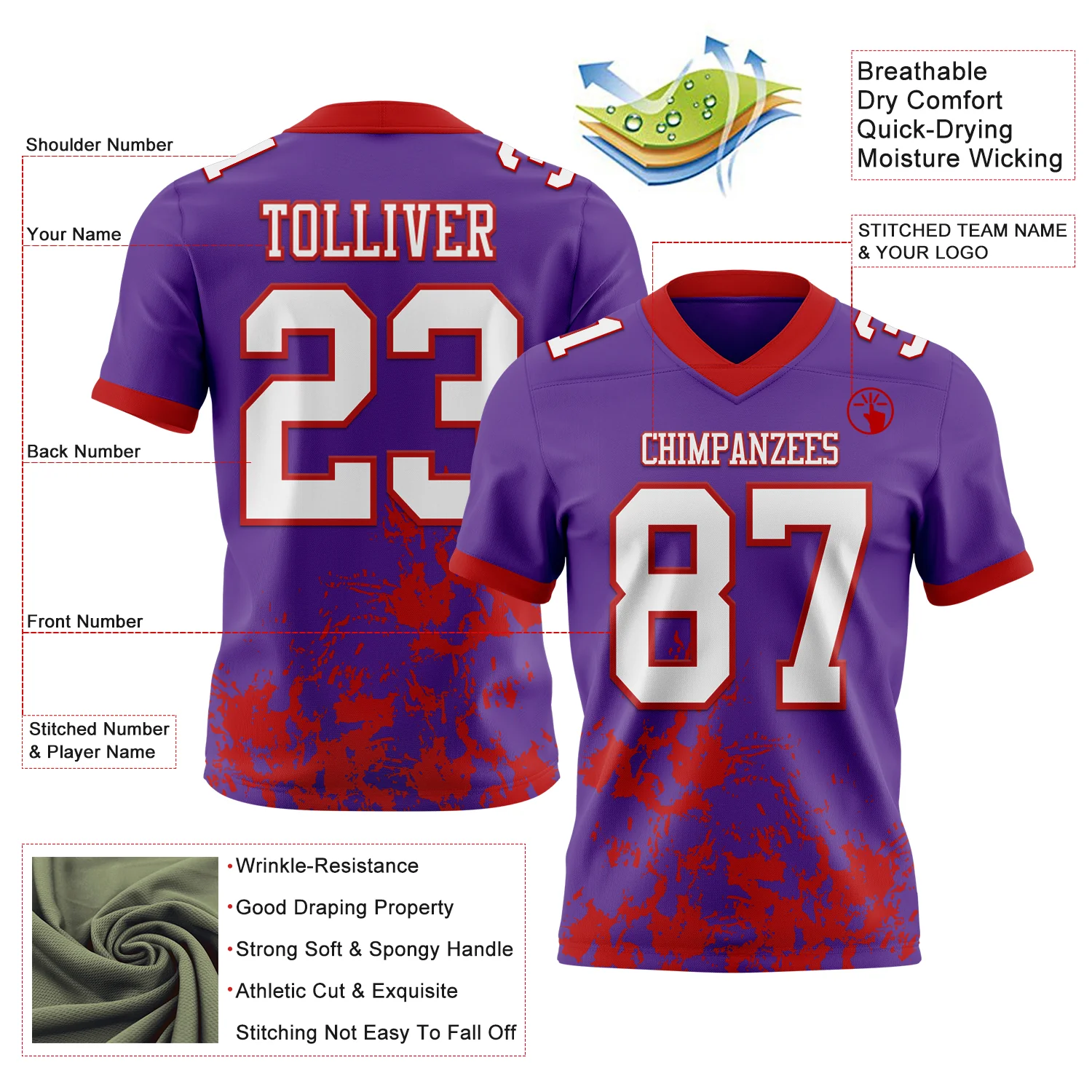 Custom Purple White-Red 3D Pattern Splash Authentic Football Jersey - Image 2