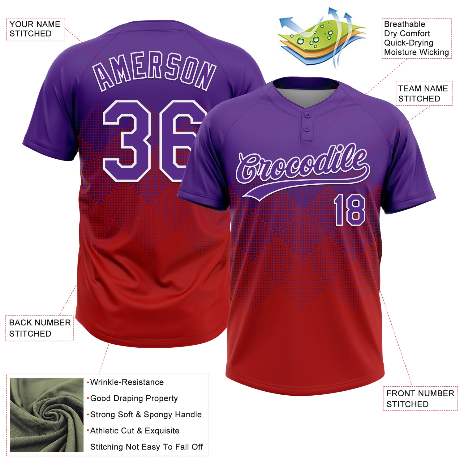 Custom Purple Red-White 3D Gradient Square Shape Two-Button Unisex Softball Jersey - Image 3