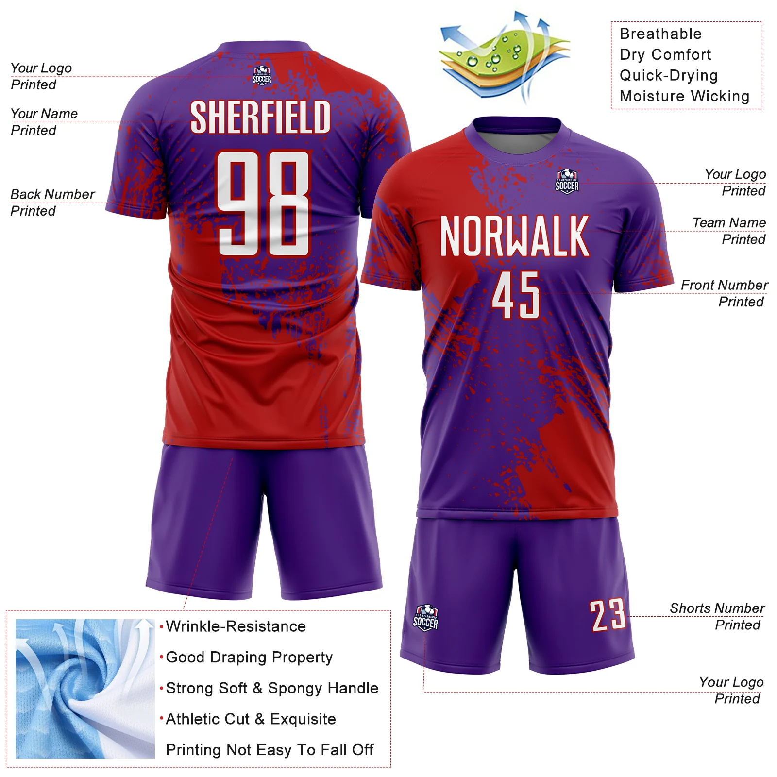 Custom Purple White-Red Abstract Brush Stroke Sports Sublimation Soccer Uniform Jersey - Image 4