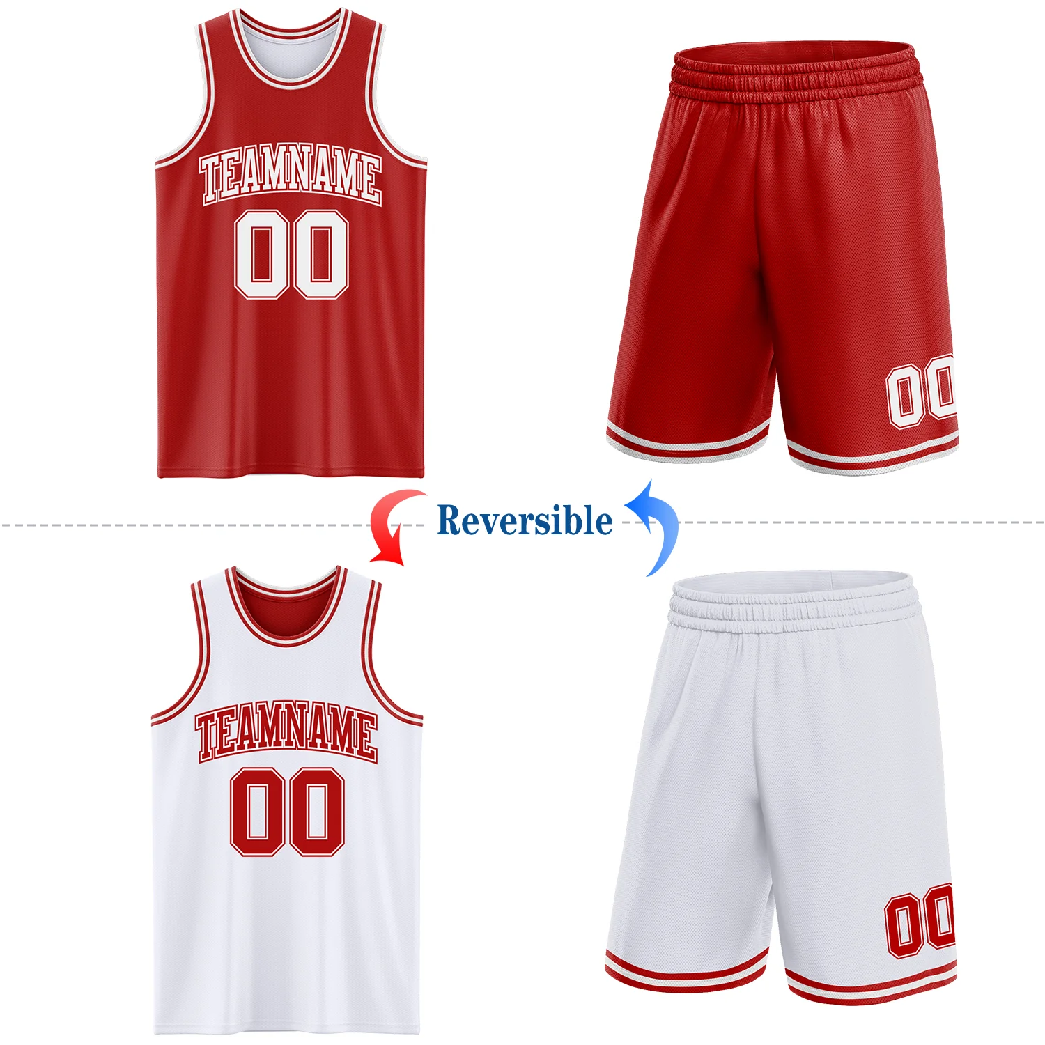 Custom Red White Reversible Double Side Sublimation Basketball Suit Jersey - Image 2