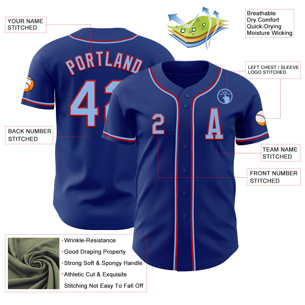 Custom Royal Light Blue-Red Authentic Baseball Jersey - Image 2