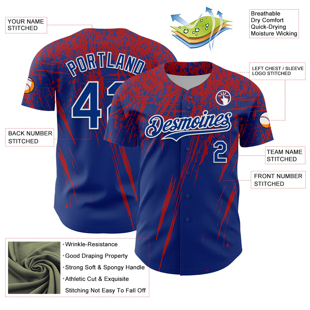 Custom Royal Red-White Distressed Scratch Brush Stroke Authentic Baseball Jersey - Image 3