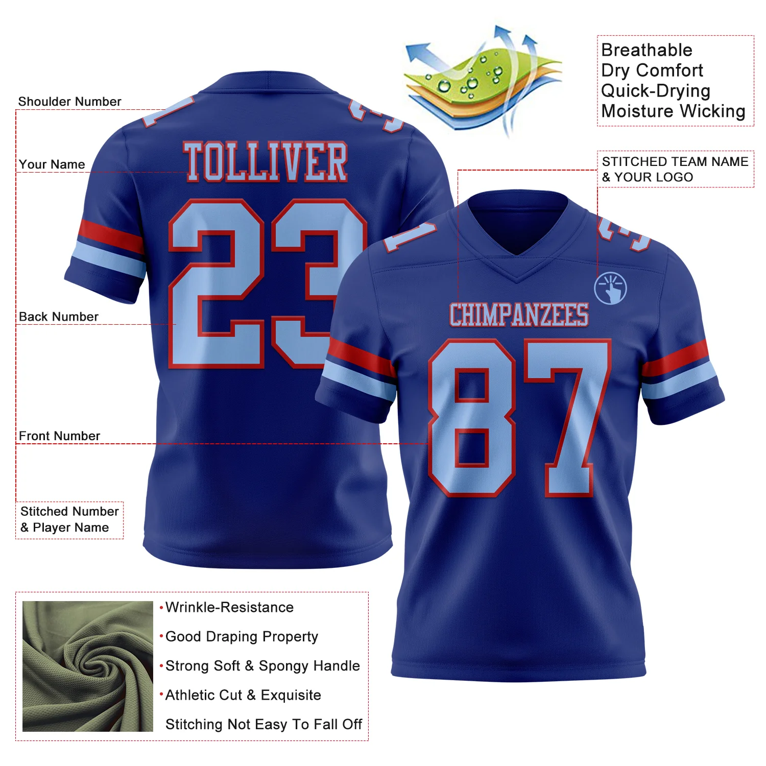 Custom Royal Light Blue-Red Authentic Football Jersey - Image 3