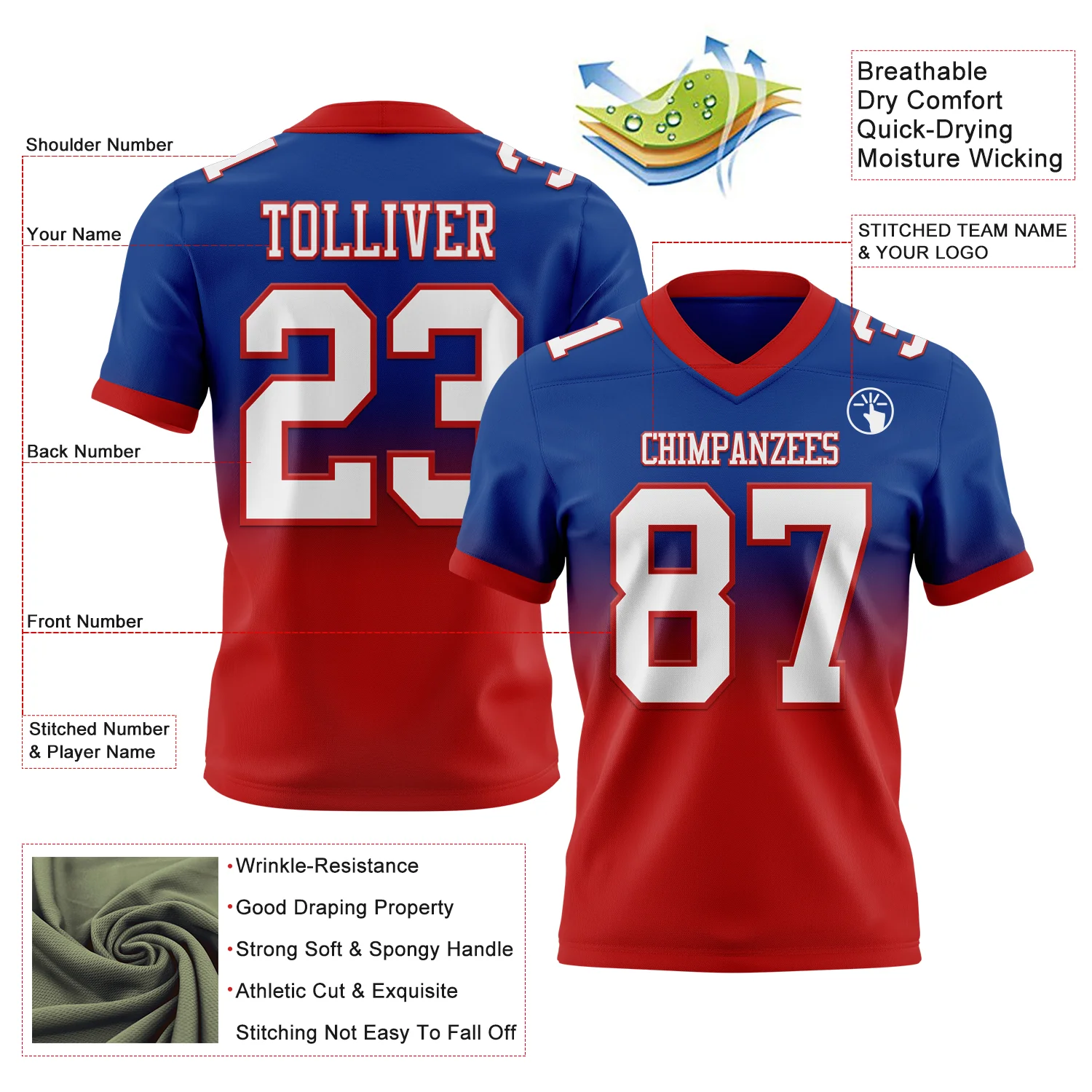 Custom Royal White-Red Authentic Fade Fashion Football Jersey - Image 2
