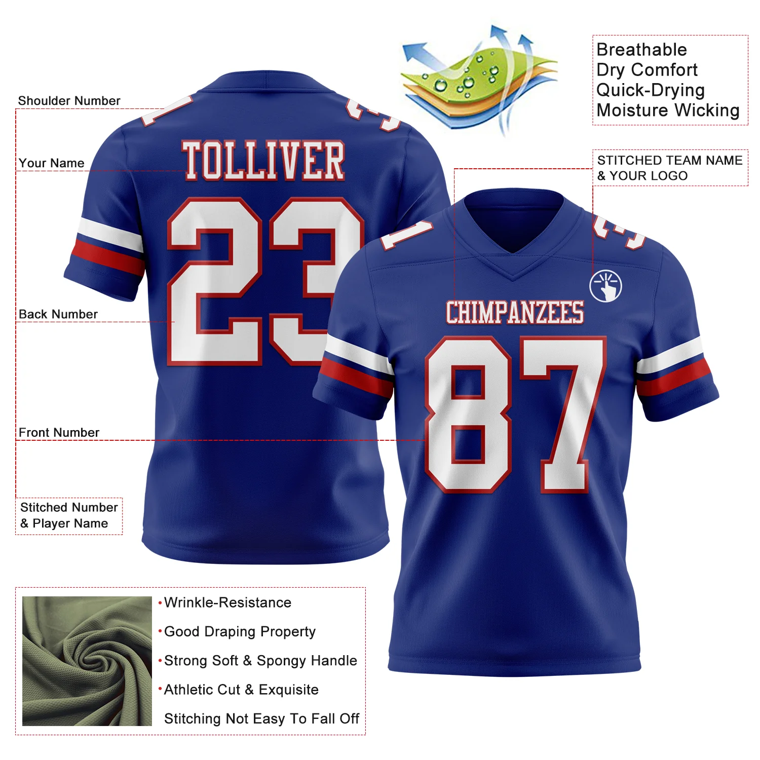 Custom Royal White-Red Authentic Football Jersey - Image 3