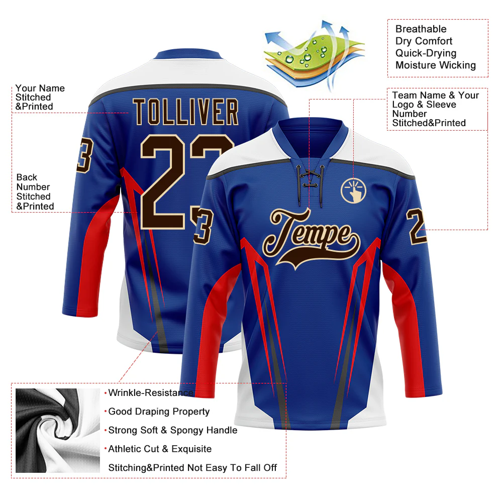 Custom Royal Brown Red Black Cream-White Abstract Pattern Graphic Cyber Mecha E-sport Hockey Lace Neck Jersey - Image 5