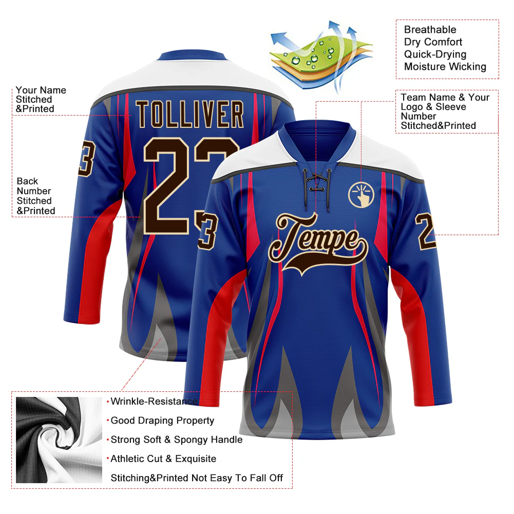 Custom Royal Brown Red Gray Black Cream-White Abstract Pattern Graphic Cyber Mecha E-sport Hockey Lace Neck Jersey - Image 5