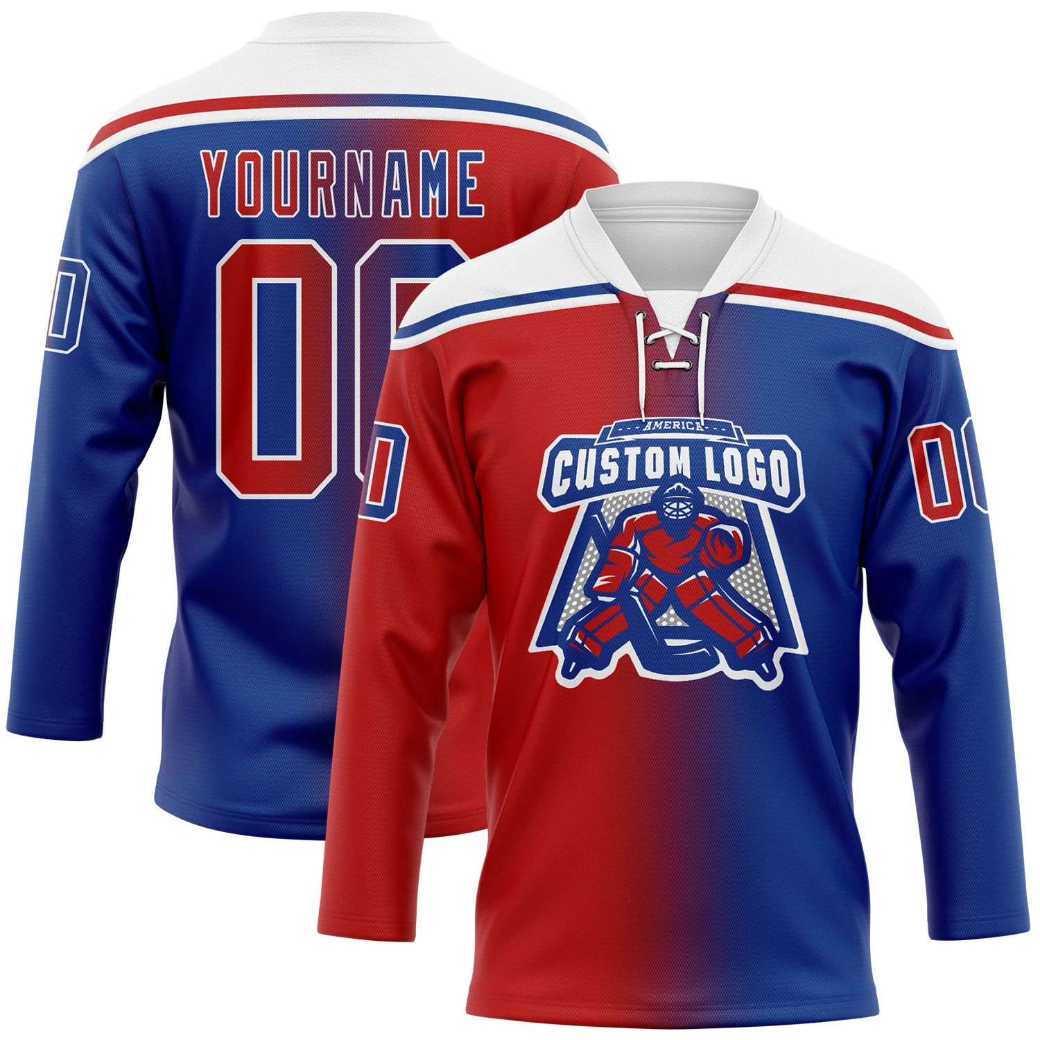 Custom Royal Red-White Gradient Fashion Hockey Lace Neck Jersey - Image 2