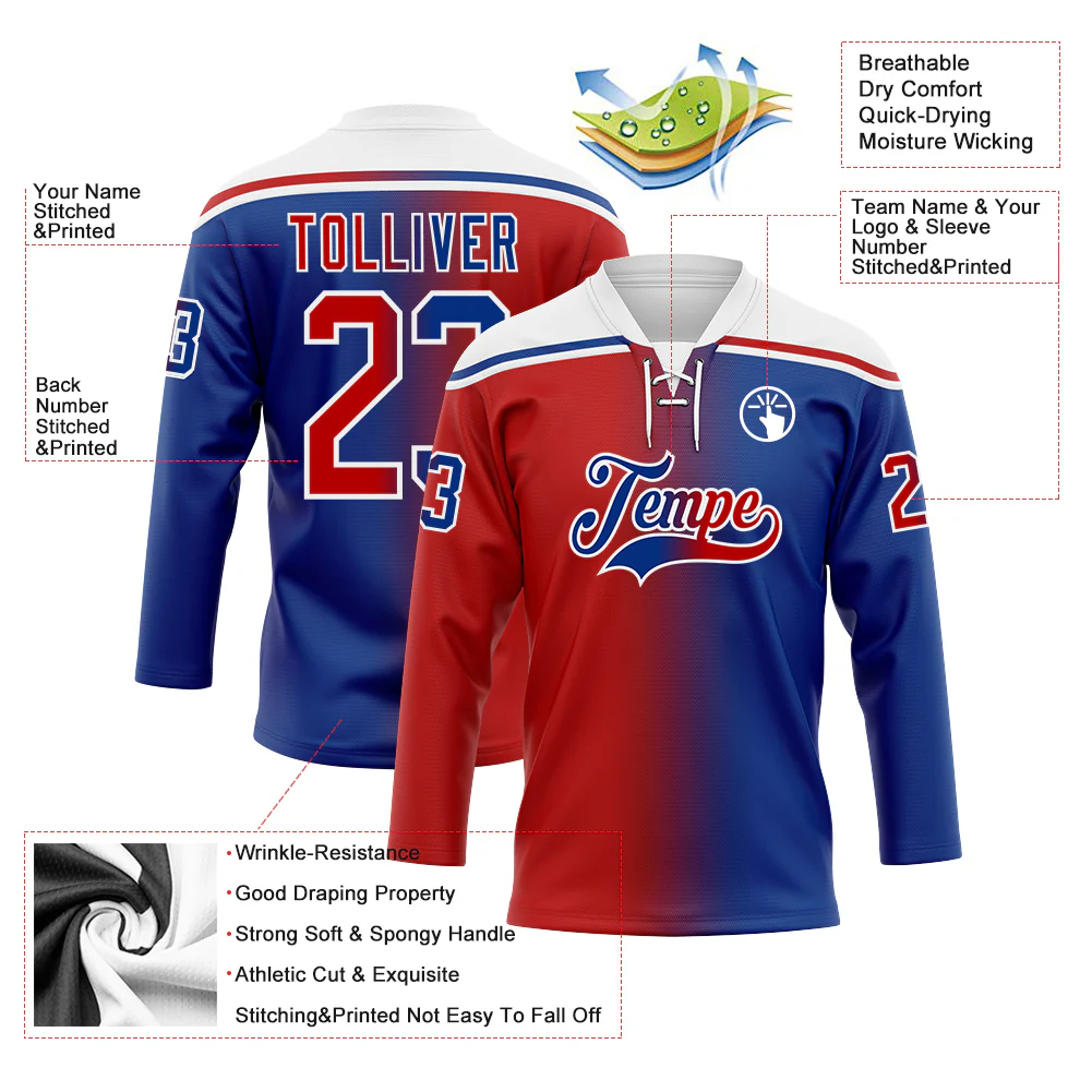 Custom Royal Red-White Gradient Fashion Hockey Lace Neck Jersey - Image 5