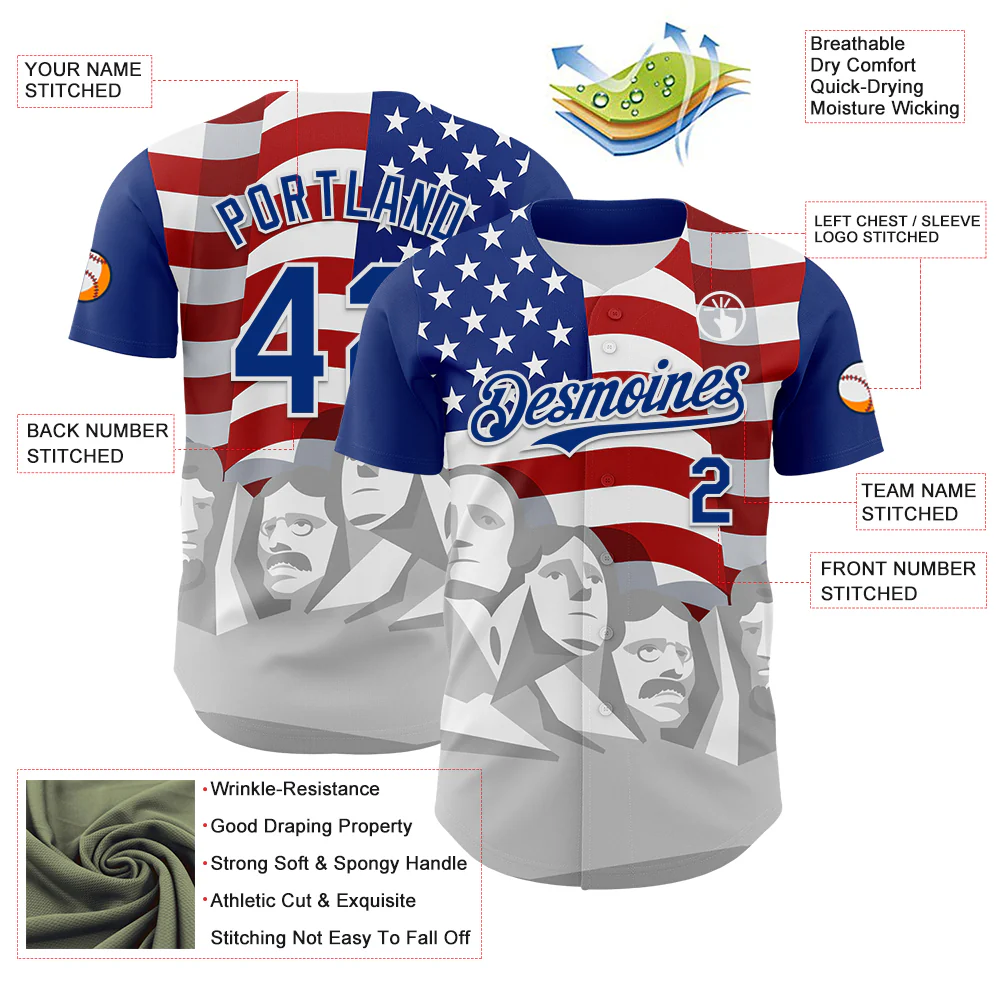 Custom Royal Red Gray-White 3D Patriotic American Flag And President's Day Authentic Baseball Jersey - Image 3