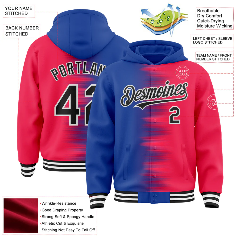 Custom Royal Black Red-White Gradient Line Bomber Full-Snap Varsity Letterman Hoodie Jacket - Image 4