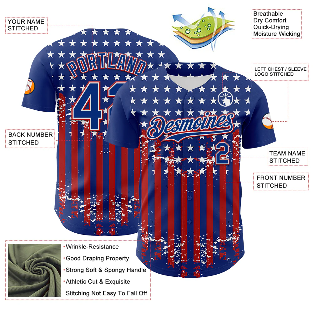Custom Royal Red-White 3D Retro American Flag Authentic Baseball Jersey - Image 3