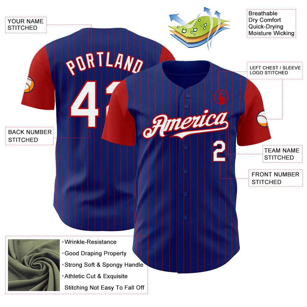 Custom Royal Red Pinstripe White Authentic Two Tone Baseball Jersey - Image 3