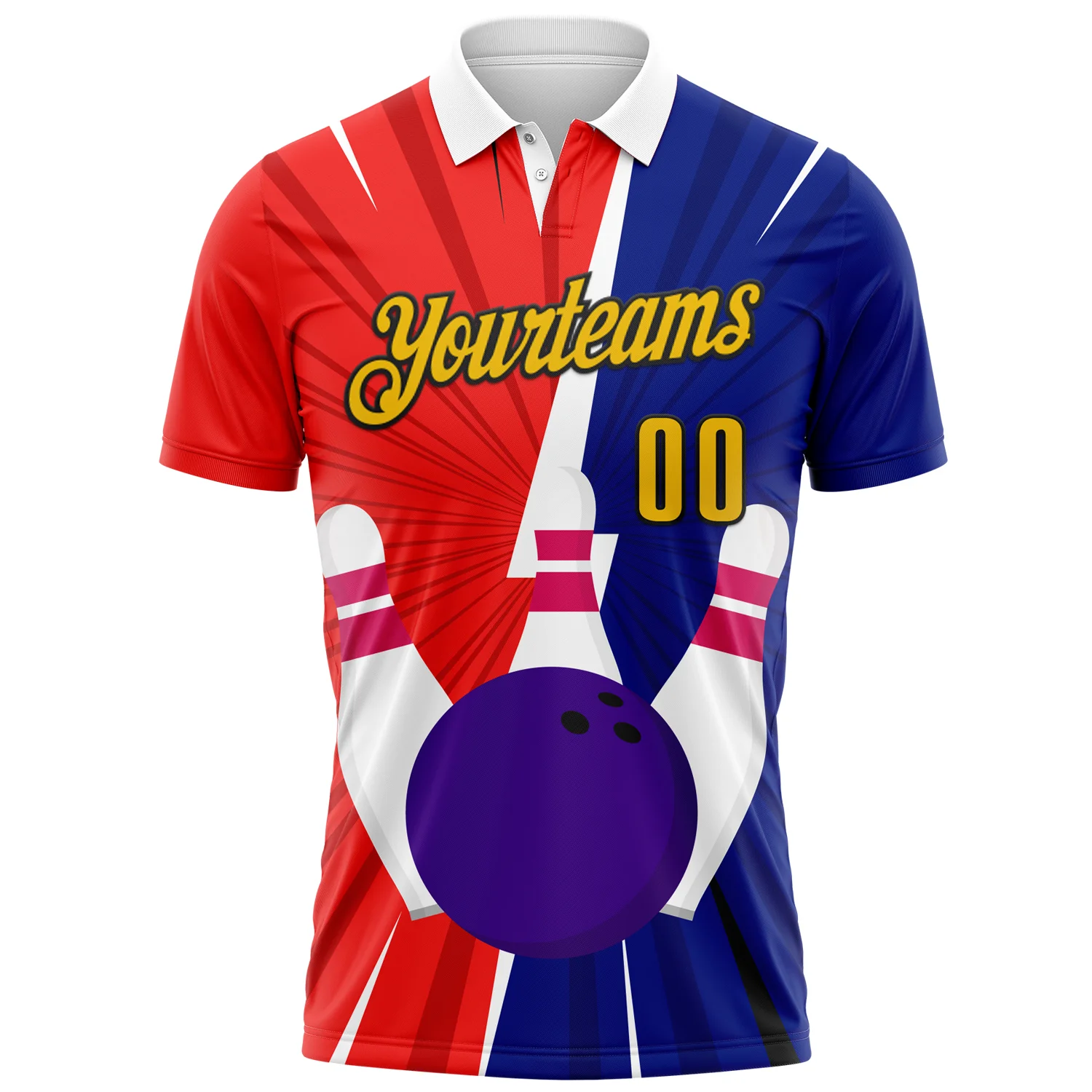 Custom Royal Yellow Red-Black 3D Bowling Performance Polo Shirt - Image 2