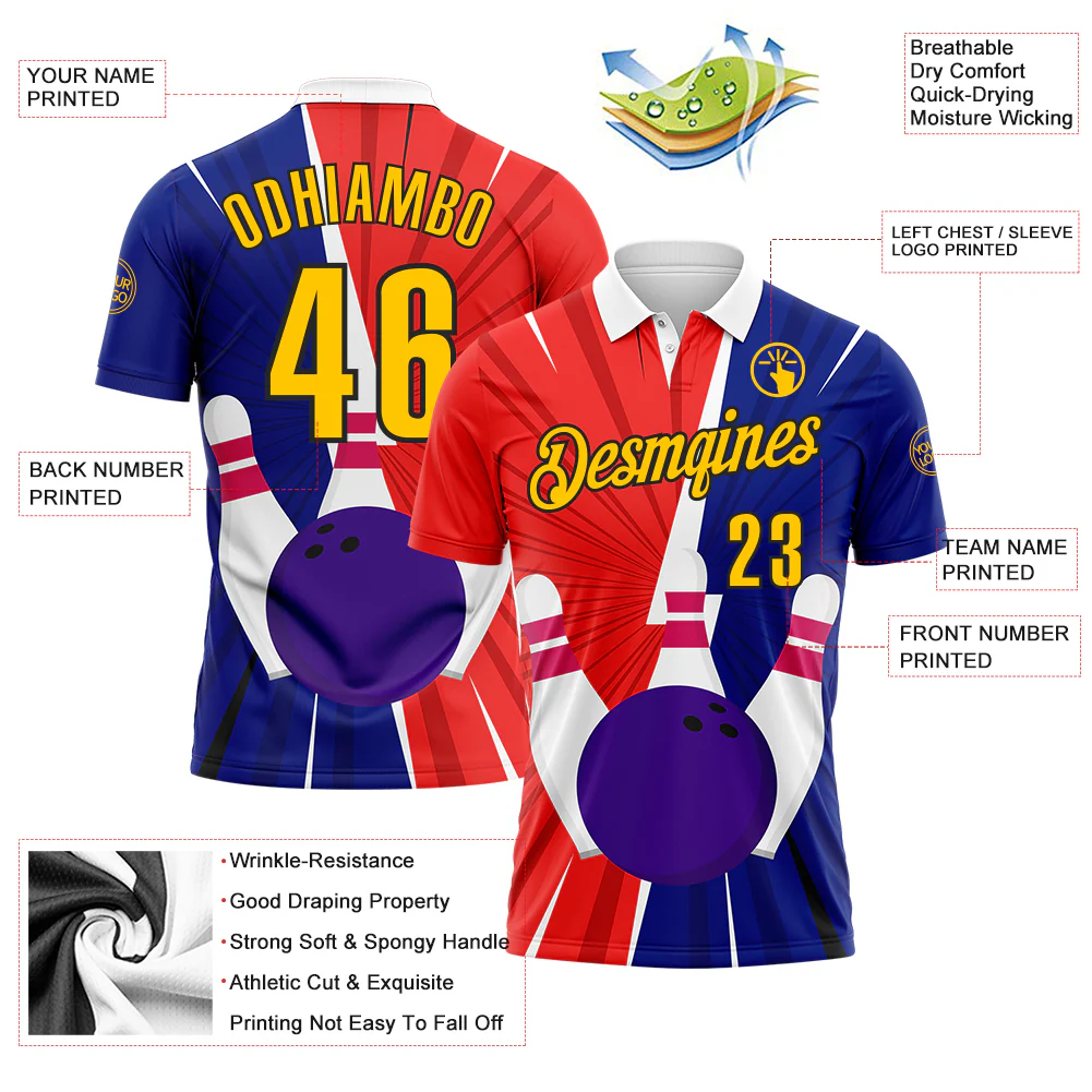 Custom Royal Yellow Red-Black 3D Bowling Performance Polo Shirt - Image 3