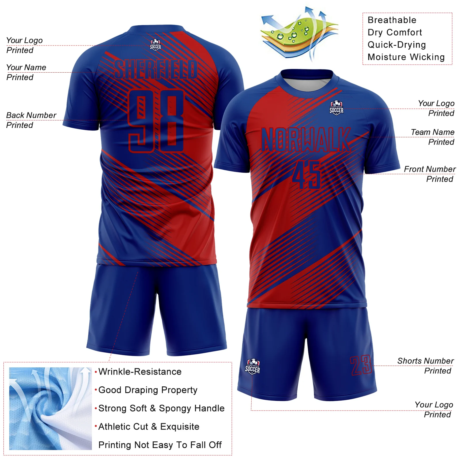 Custom Royal Red Line Sublimation Soccer Uniform Jersey - Image 4