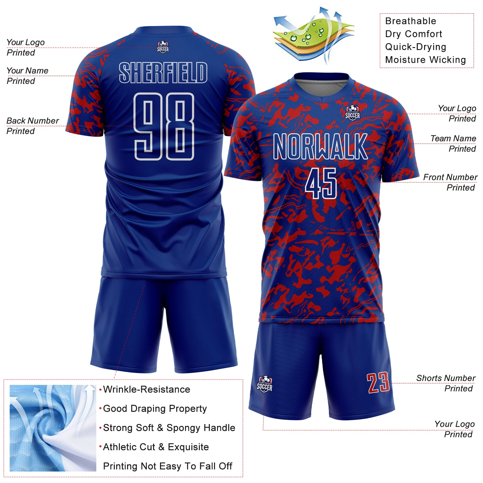 Custom Royal Red-White Liquid Fluid Pattern Sports Sublimation Soccer Uniform Jersey - Image 4