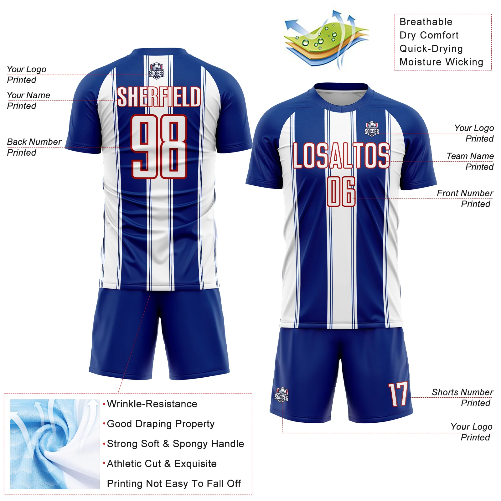 Custom Royal White-Red Line Sublimation Soccer Uniform Jersey - Image 4