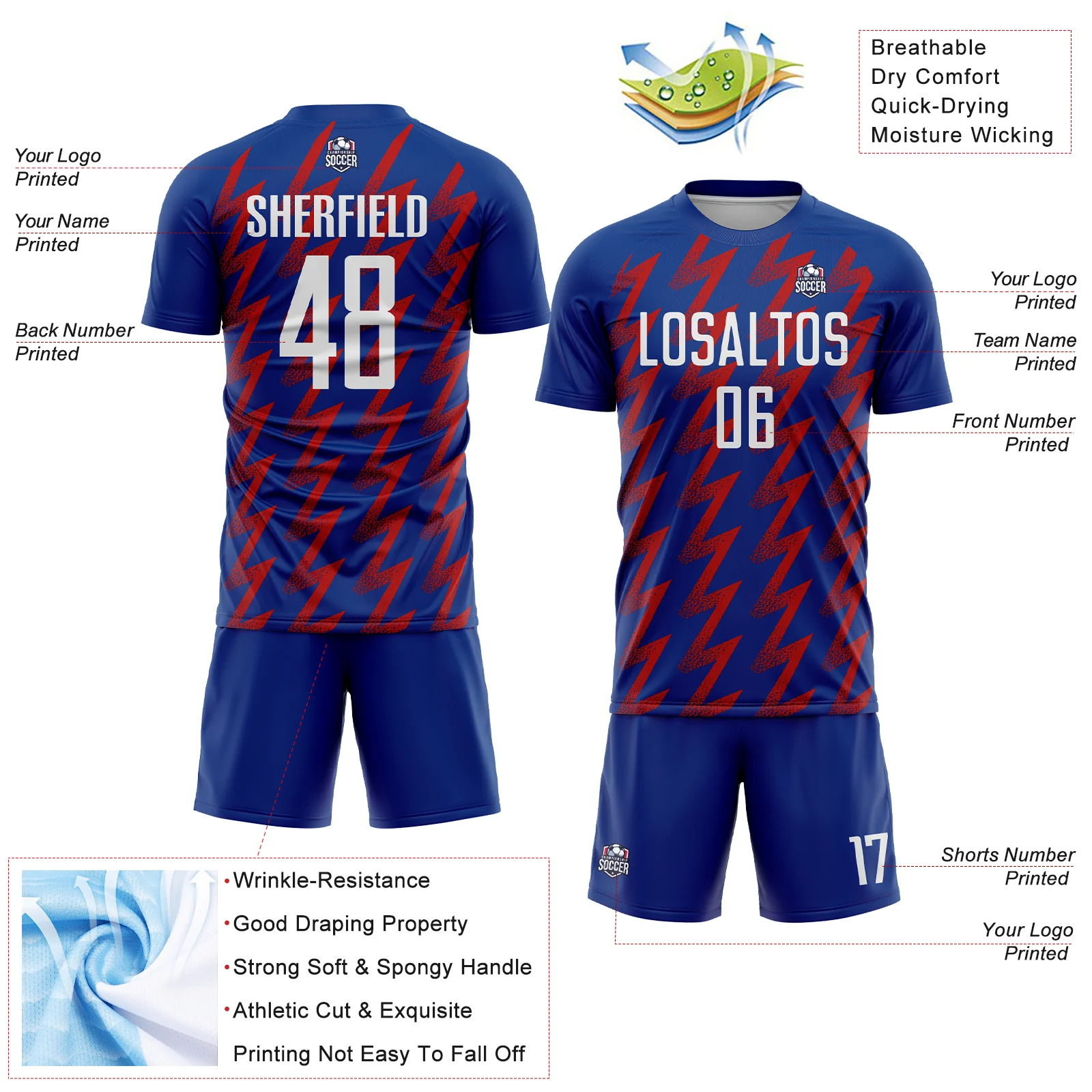Custom Royal White-Red Zigzag Shape Sublimation Soccer Uniform Jersey - Image 4
