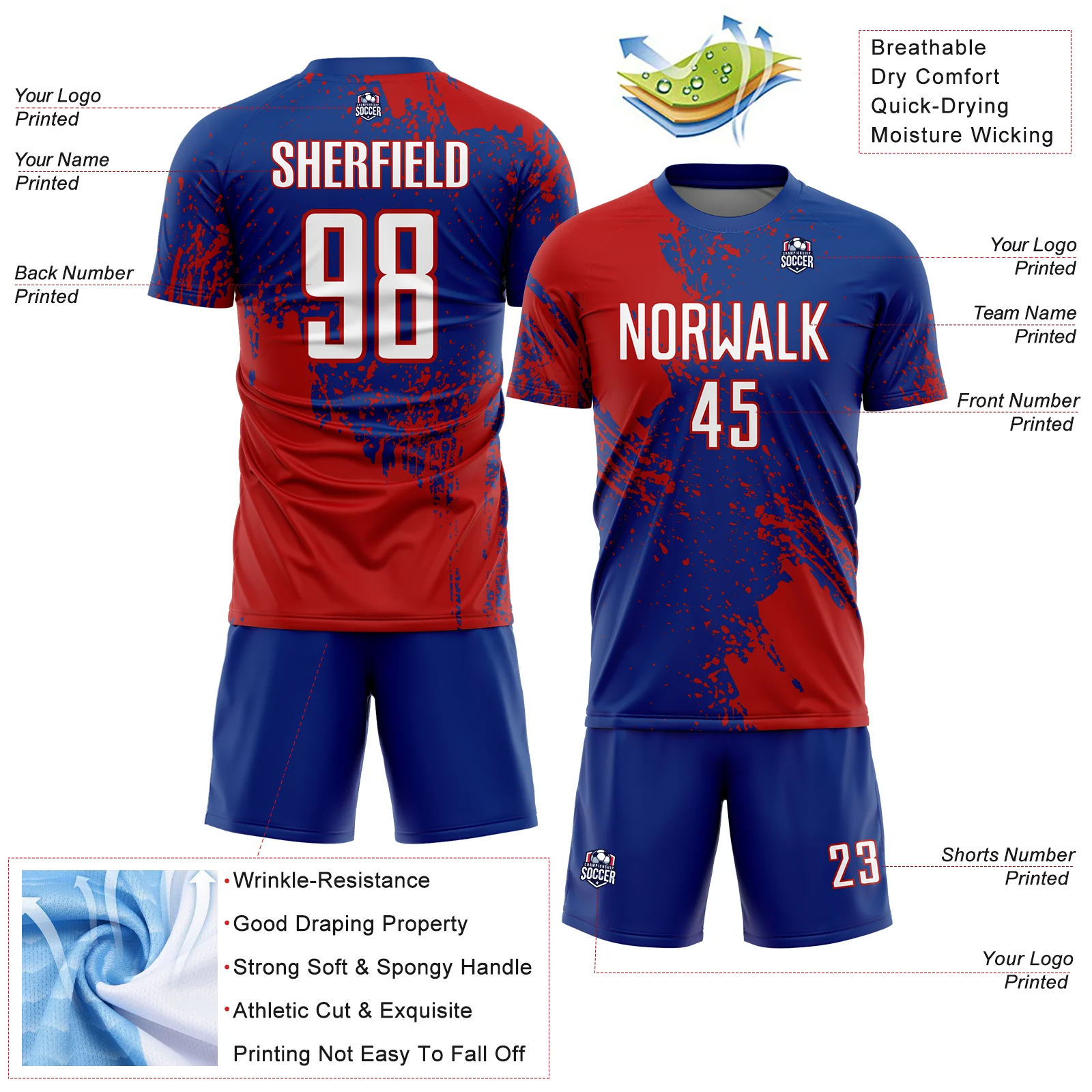 Custom Royal White-Red Abstract Brush Stroke Sports Sublimation Soccer Uniform Jersey - Image 4