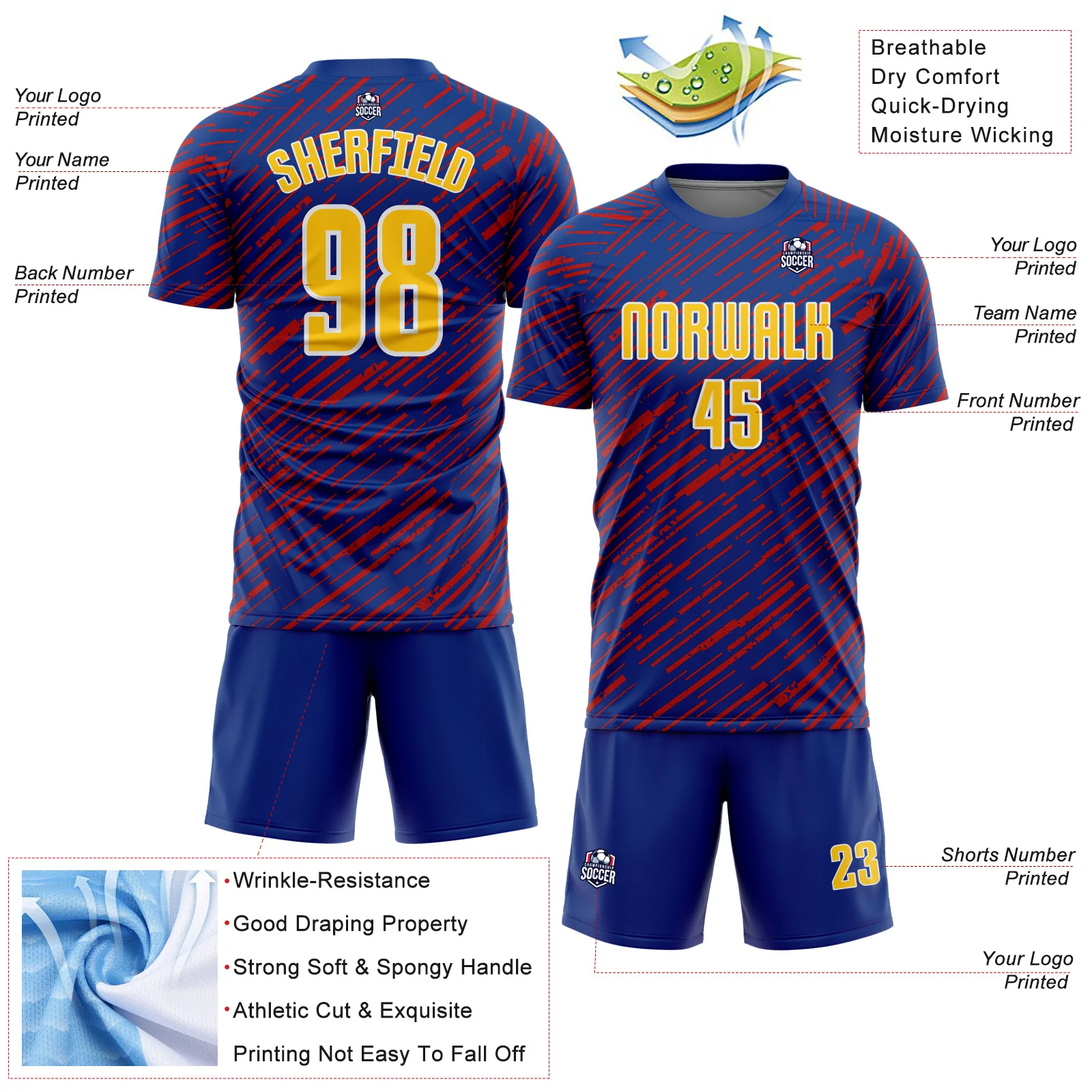 Custom Royal Yellow Red-White Line Sports Sublimation Soccer Uniform Jersey - Image 4